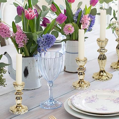 Miniatura 2 de Juego de 3 portavelas de mercurio de cristal dorado para candelabros, centro de mesa, decoración del hogar, boda, cumpleaños, fiesta, Navidad