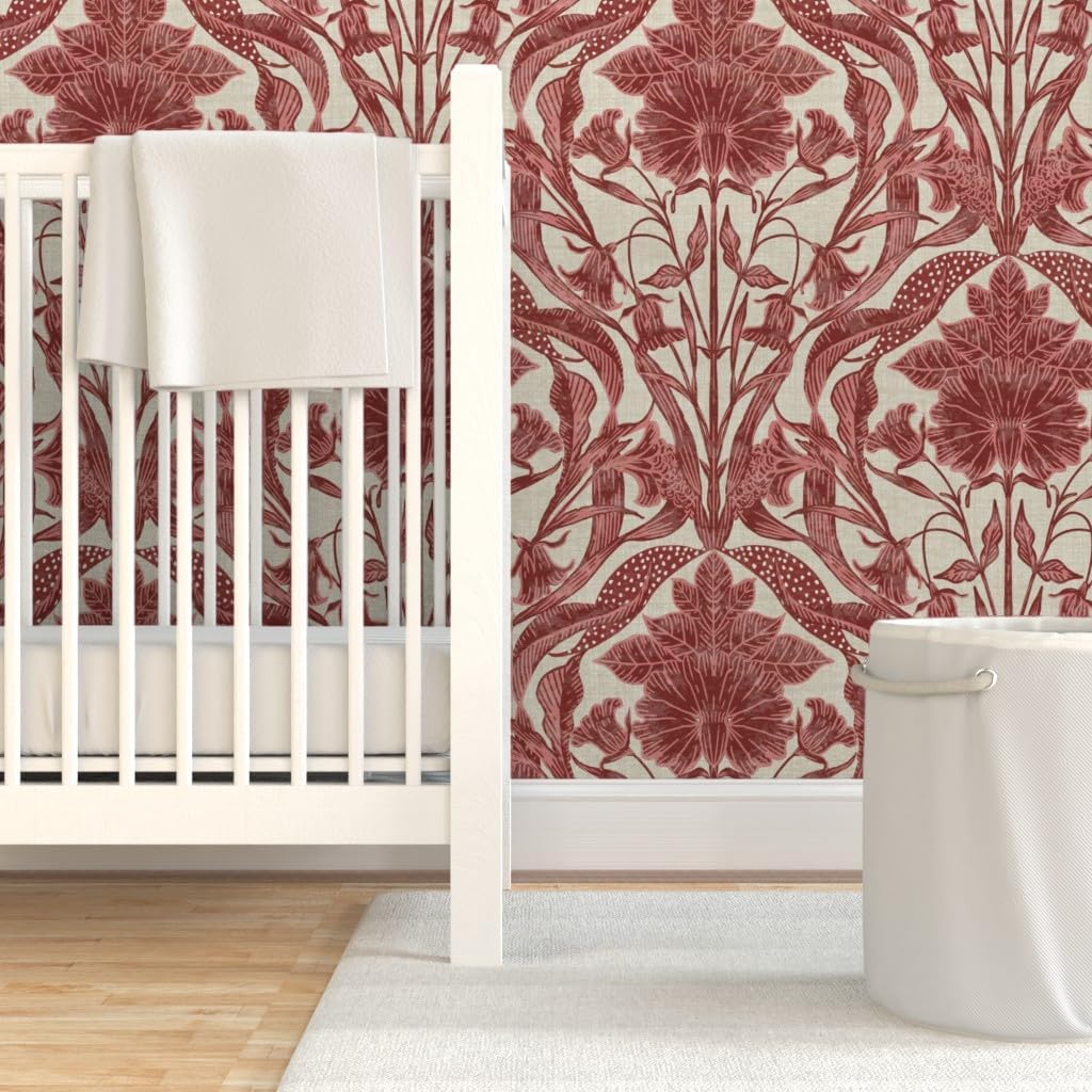 Peel & Stick Wallpaper 12ft x 2ft - Ruby Red Floral,Block Print,Traditional,Folk Art,Damask,red Beige Custom Removable Wallpaper by Spoonflower