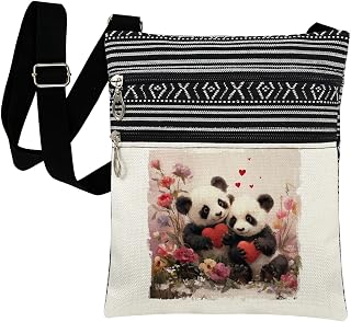 Cute Panda Bear Print Crossbody Bag for Women Men Adjustable Strap Zipper Closure Watercolor Animal Sling Bag Love Heart Purse Birthday Holiday Present for Her Friend Sister