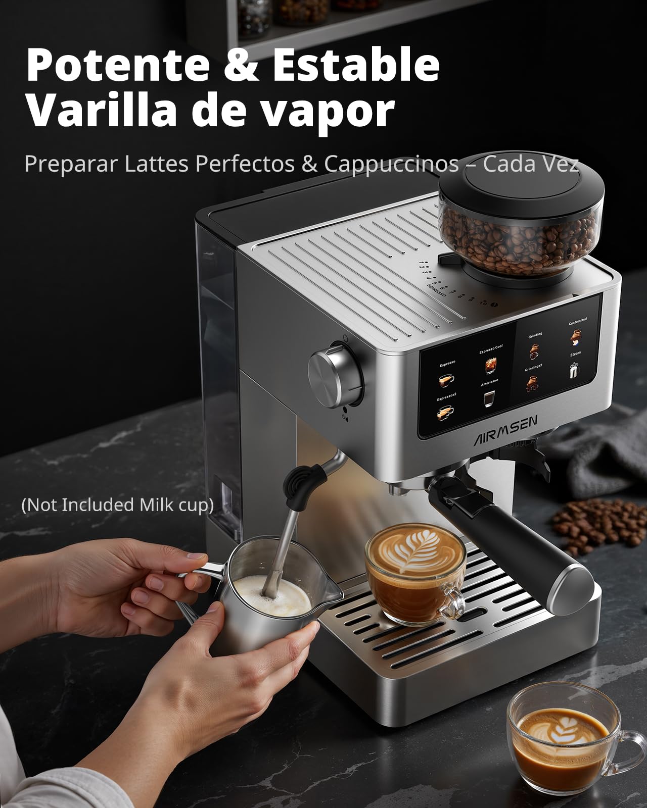 AIRMSEN 20 Bar Siebträgermaschine mit Kegelmahlwerk & Milchschäumer, 1.8L Wassertank, Edelstahl Espressomaschine Kaffeemaschine für Americano, Cappuccino und Latte