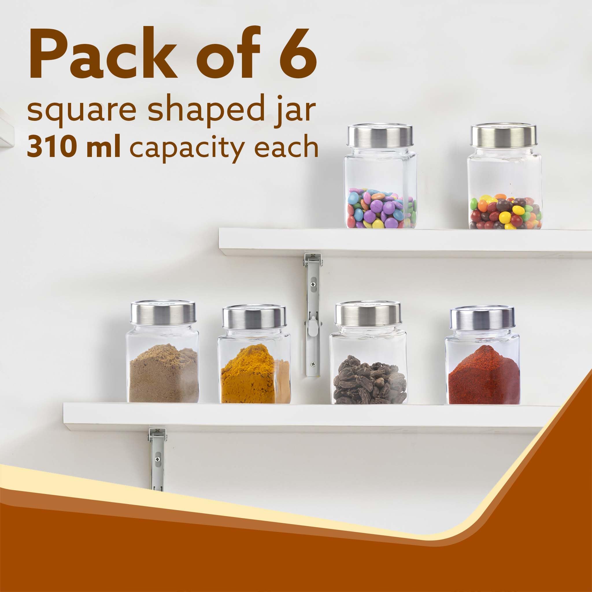 AGARO Elegant Cube Jar 310 ml, forma cuadrada, tapa transparente con acabado de acero, recipiente de cristal de almacenamiento, transparente, organizador de cocina, tarro multiusos, paquete de 6