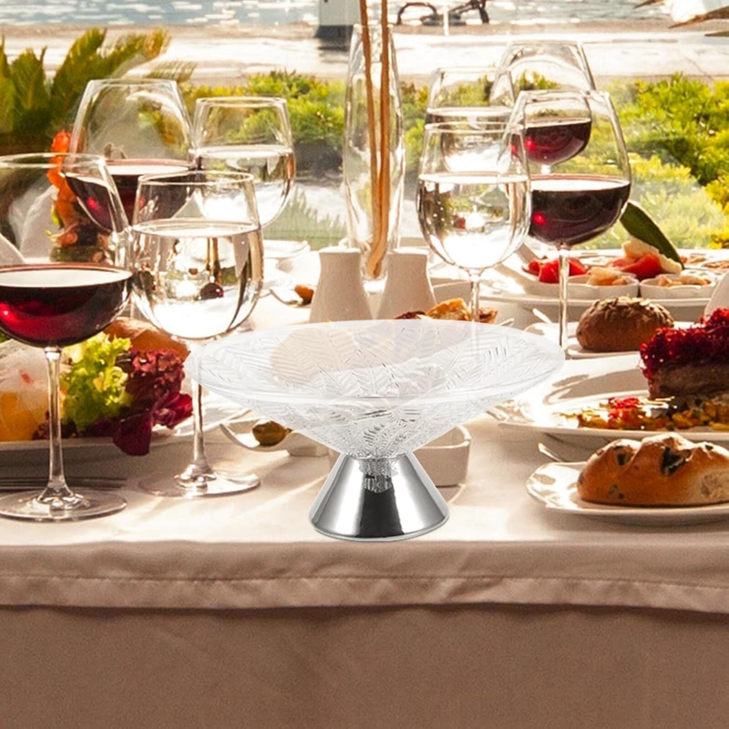 Luxury Glass Fruit Bowl with Silver Footed Base Decorative Multi-function Snack and Fruit Storage Tray for Kitchen Counter and Dining Table Centerpiece Easy-clean Elegant Design