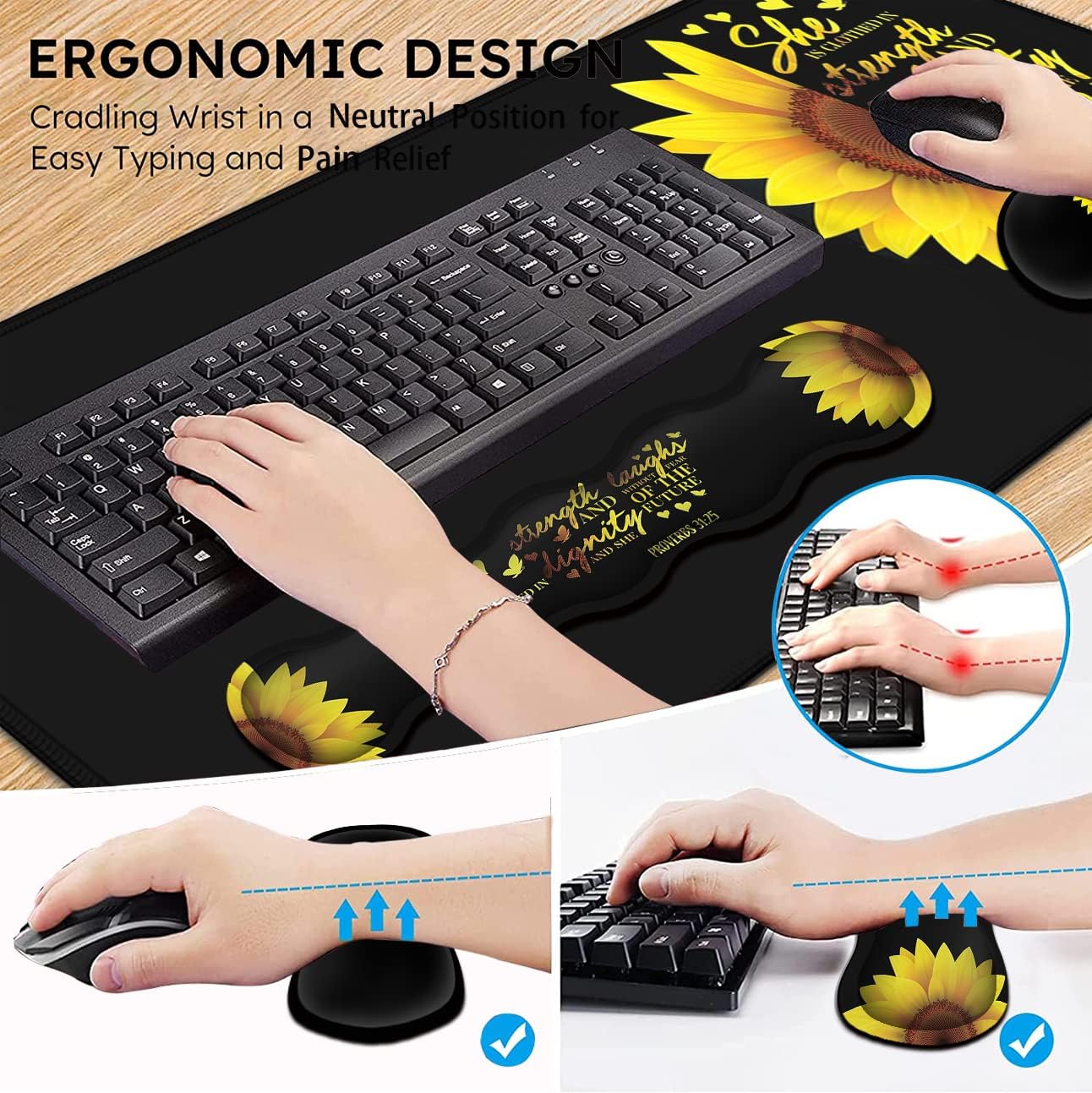Gaming Black Mouse Pad + Keyboard Wrist Rest XL Large Mouse Mat Sunflower Christian Verse Proverbs 31-25 Extended Desk Pad Non-Slip Rubber Mice Pads Stitched Edges Pad (31.5x11.8 in)