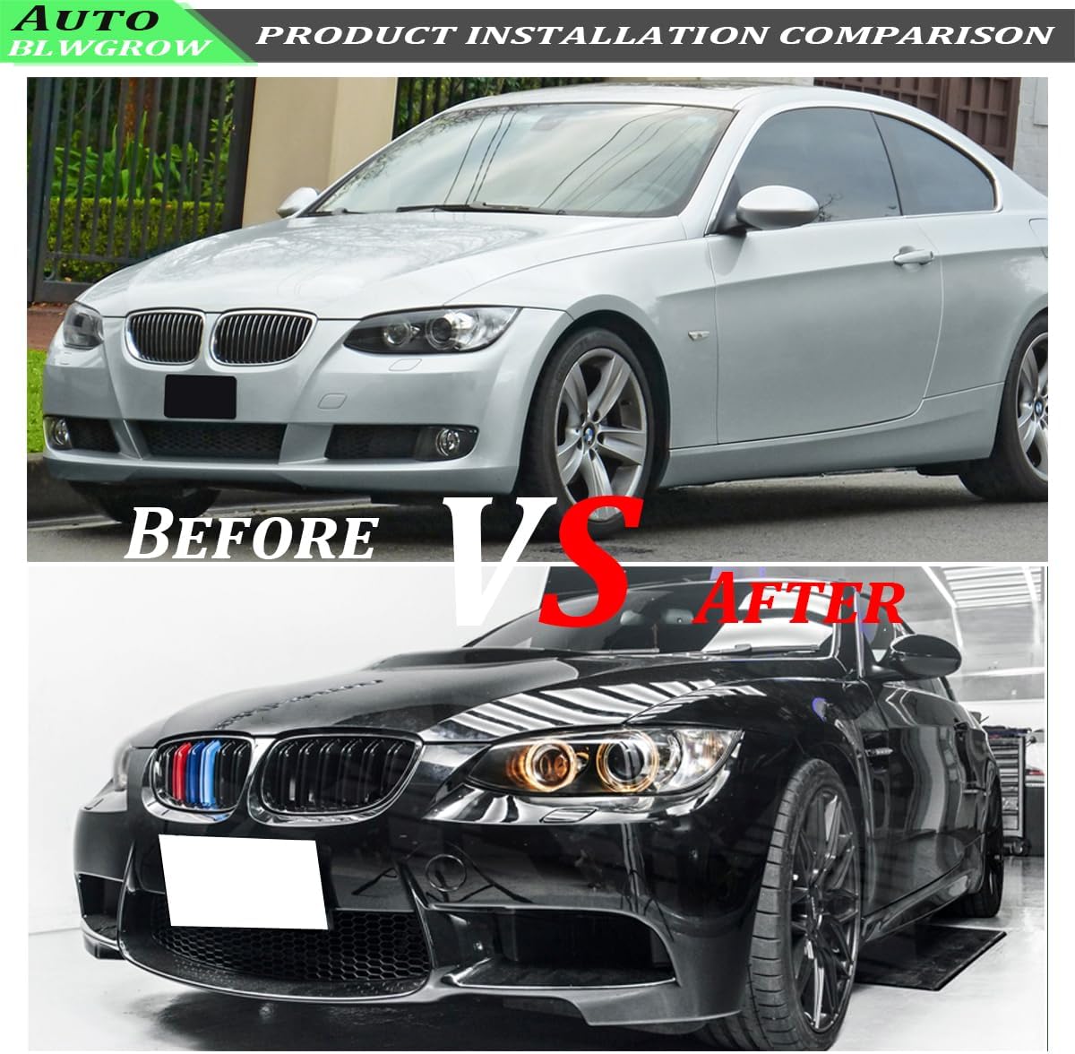 Front Kidney Grille Glossy Black Compatible with 2006-2009 3 Series E92 & E93 Double Slats Grill Gloss Black With M Color