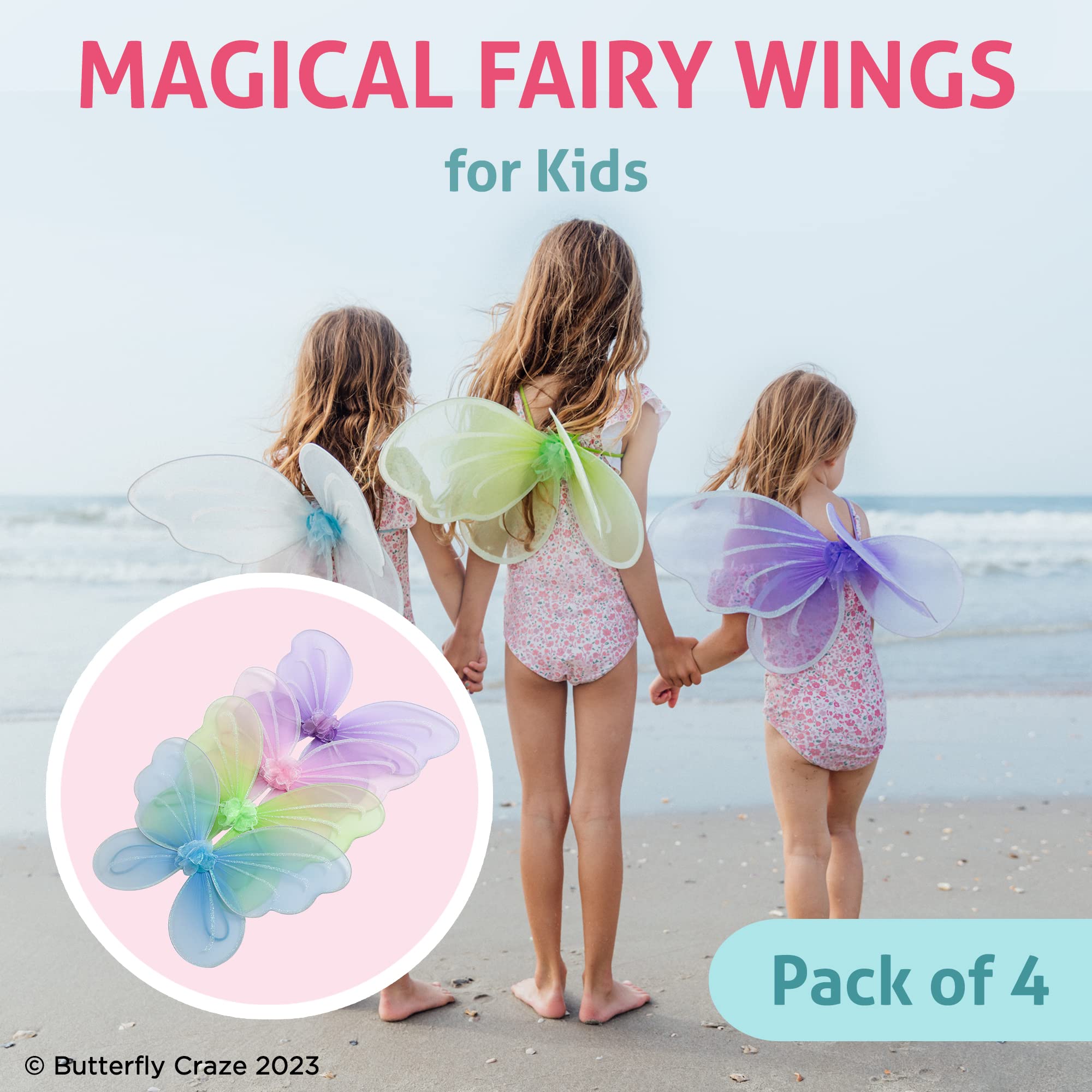 Girls' Fairy, Angel, or Butterfly Wings - Costume Accessories & Party Favors or Supplies, Make Your Little One's Birthday Party Special, in Shades of Blue, Green, Pink, and Purple, 4pc
