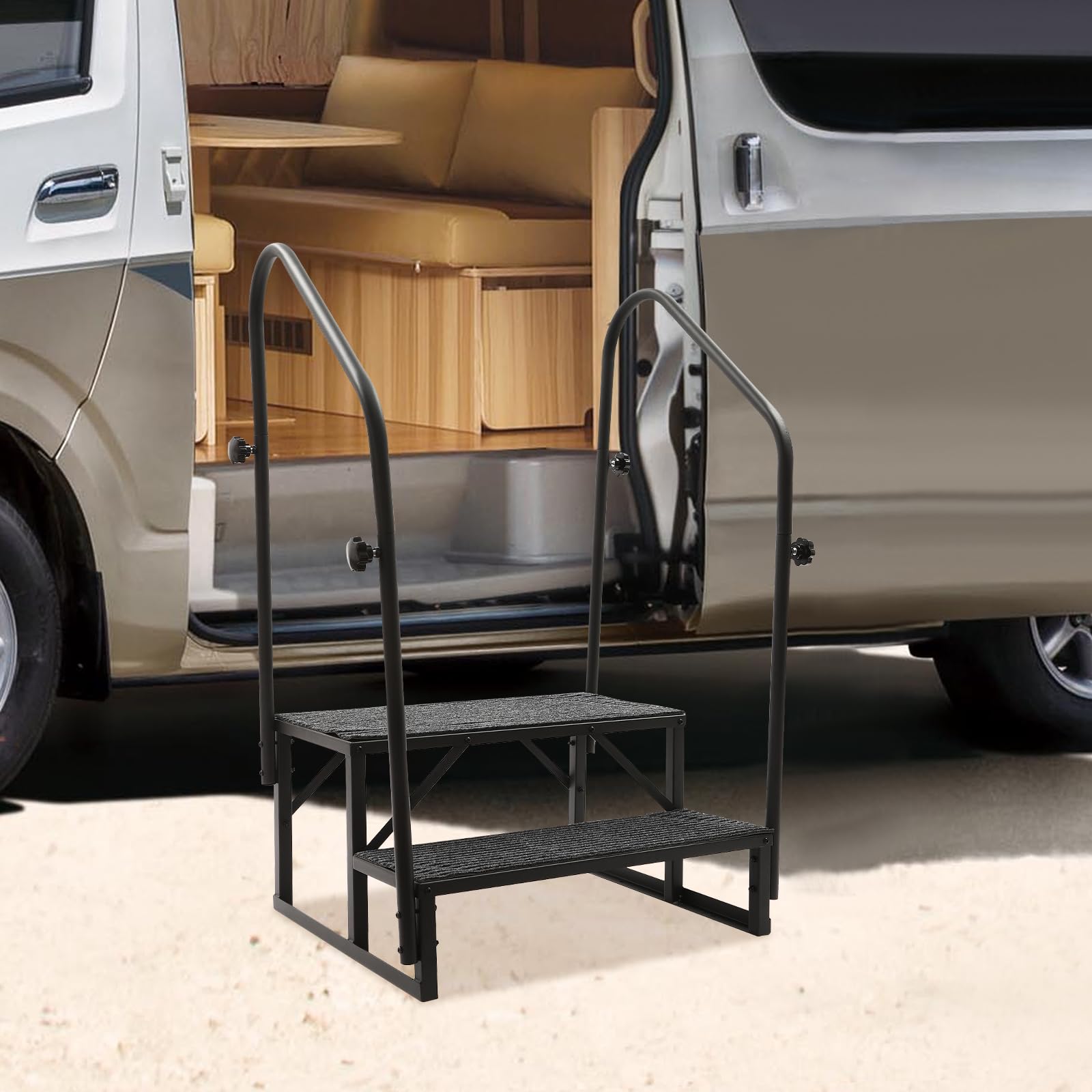 Wohnmobiltreppe mit 2 Handläufen, 204kg Lastlagerkapazität, 2 Stufen Rutschfest Trittstufe, Außentreppe mit Rutschfester Matte, Whirlpool Treppen mit Handläufen,für Mobilheim, Veranda, Pool u
