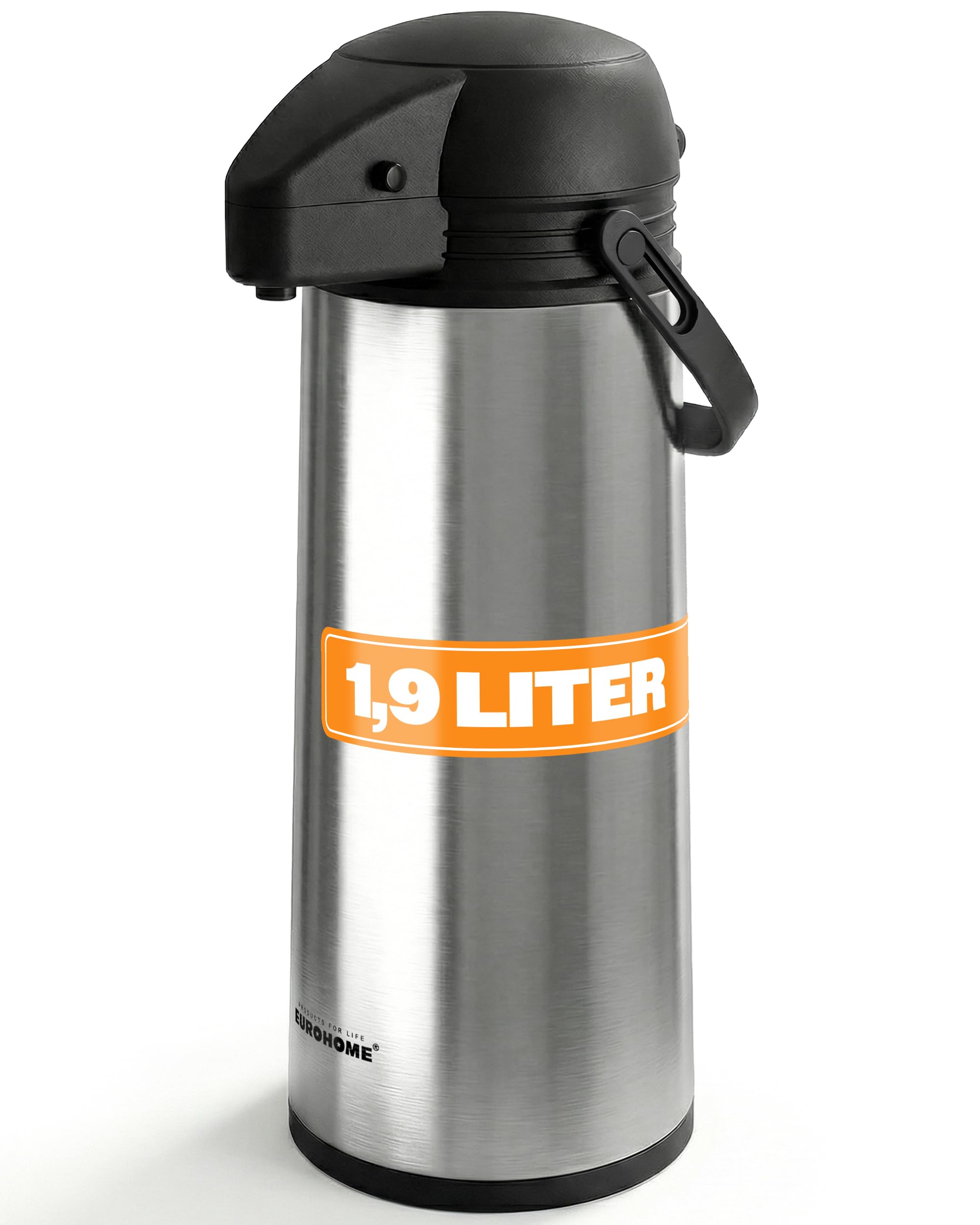 EUROHOME Airpot Pumpkanne Edelstahl mit Einer Füllmenge von 1,9 Liter - Isolierkanne mit hochwertiger Pumpfunktion - Thermoskanne 35 cm in der Höhe - hält Getränke Lange warm oder kalt