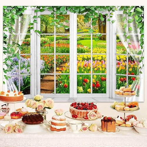 Miniatura 9 de Telón de fondo de ventana de primavera, alféizar de ventana blanco, bosque verde, fondo natural para fotos, pancarta de fiesta de flores, decoración