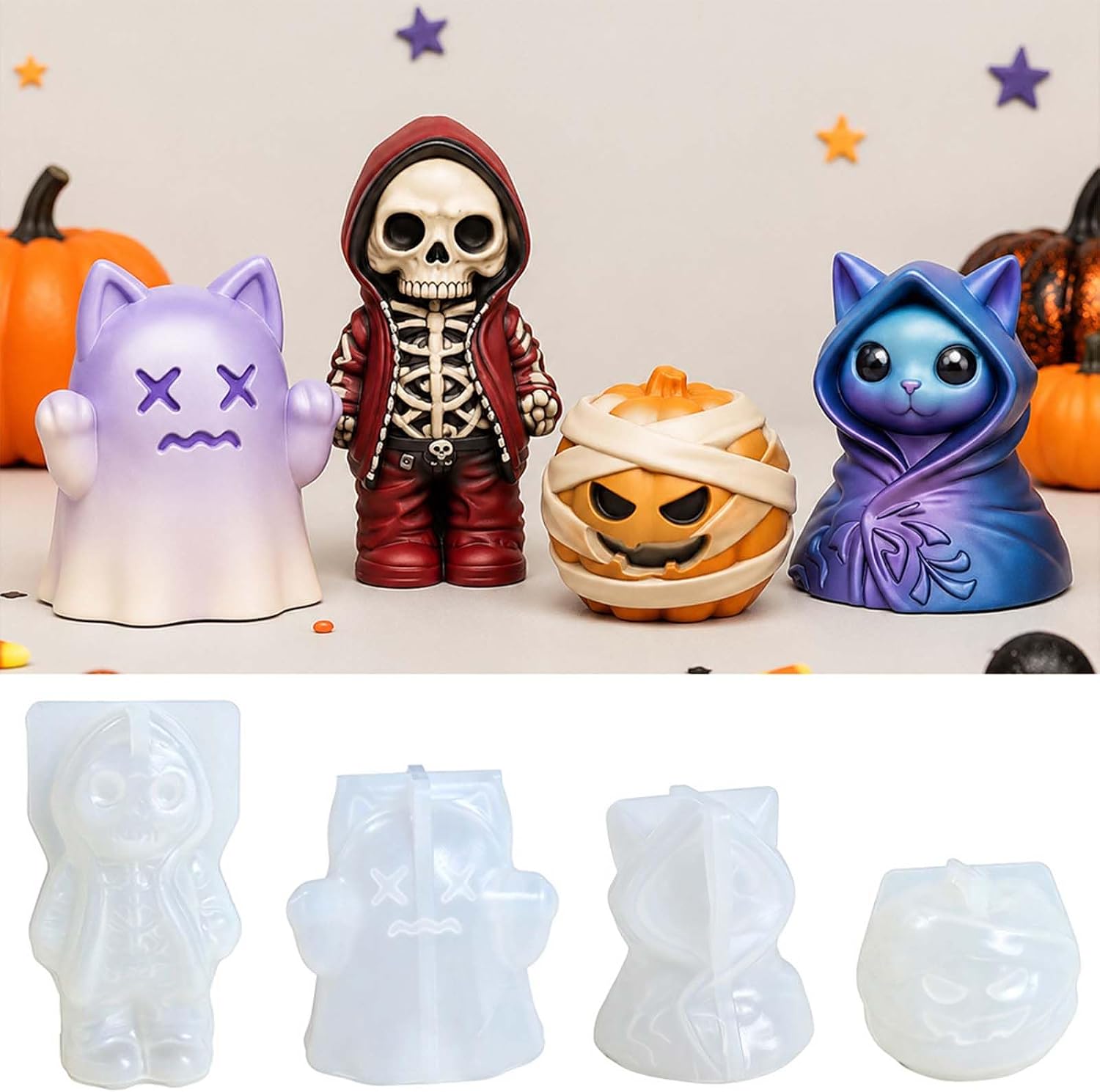 4-Pack Halloween Silicone Molds, 3D Ghost Pumpkin Skeleton Resin Molds