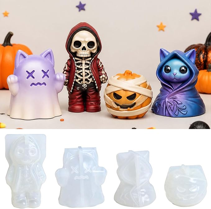 4-Pack Halloween Silicone Molds, 3D Ghost Pumpkin Skeleton Resin Molds