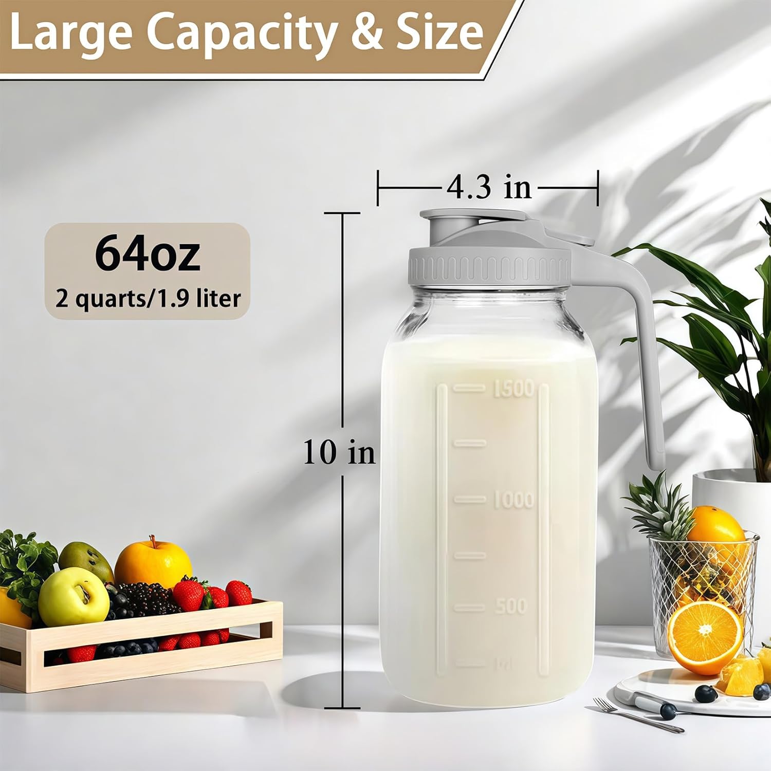 64oz Glass Pitcher with Handle and Lid, 2 Quart Mason Jar Pitcher - Airtight & Leakproof Water Jug with Pour Spout Lid, Glass Containers for Fridge, Perfect for Juice, Cold Brew, Iced & Sun Tea - Image 2