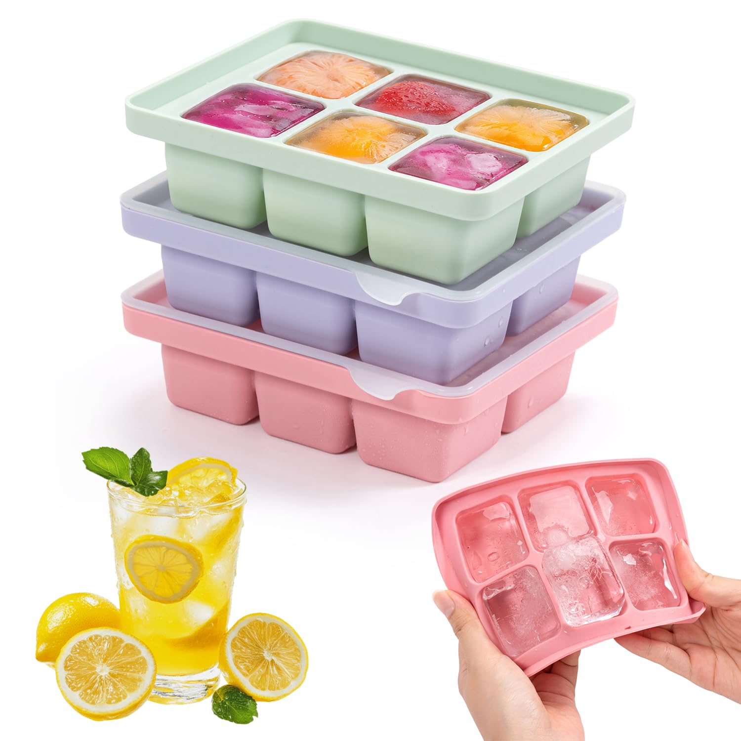 3PCS Silicone Ice Cube Trays with Removeable Lid,Large Ice Cube Moulds（5 * 4 * 3 cm）