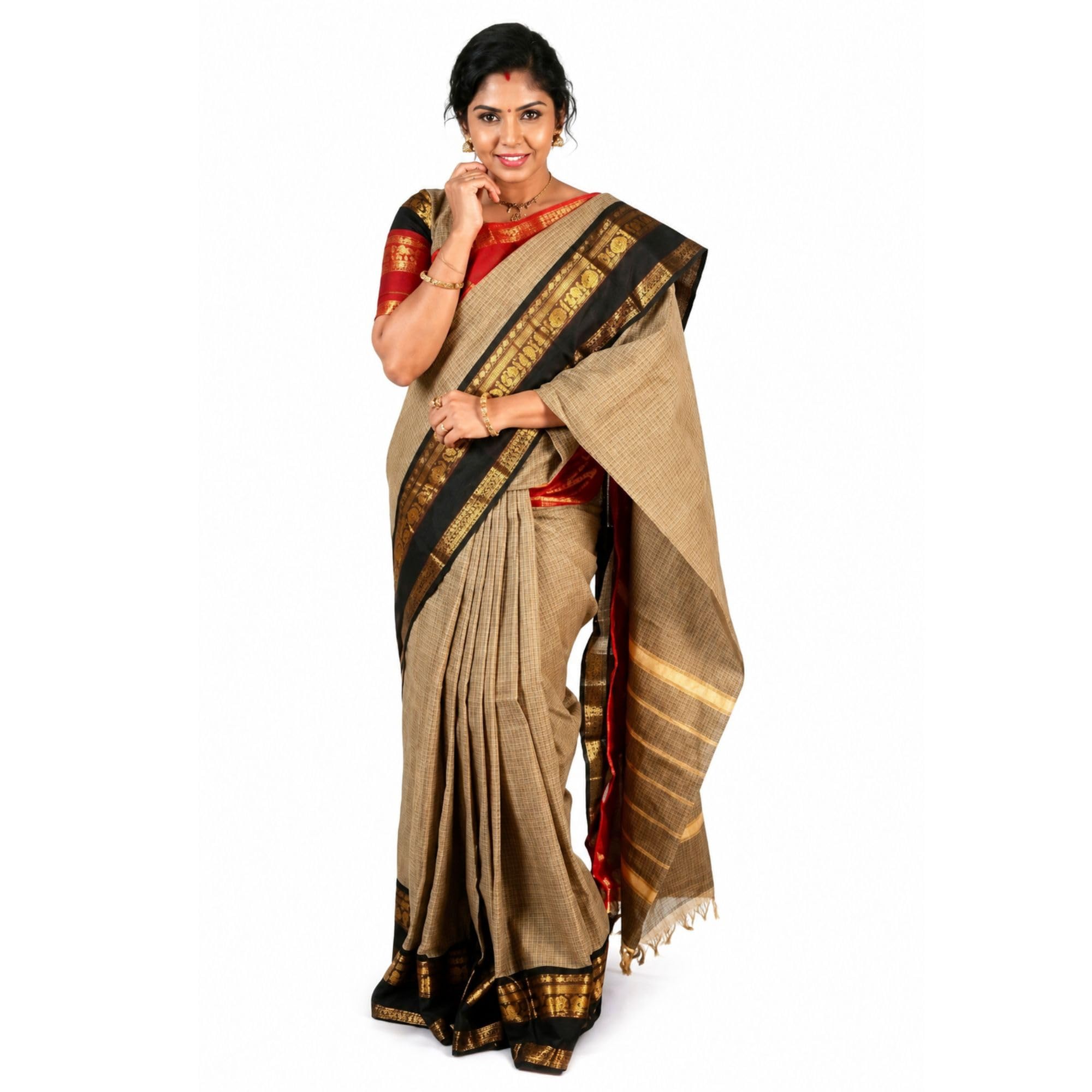 Checked Kanchi Cotton Saree for Women | Traditional South Indian Cotton Saree with Rich Black & Gold Zari Border | Festive, Wedding & Ethnic Wear | 5.5m Saree with 0.8m Running Blouse-picture-55