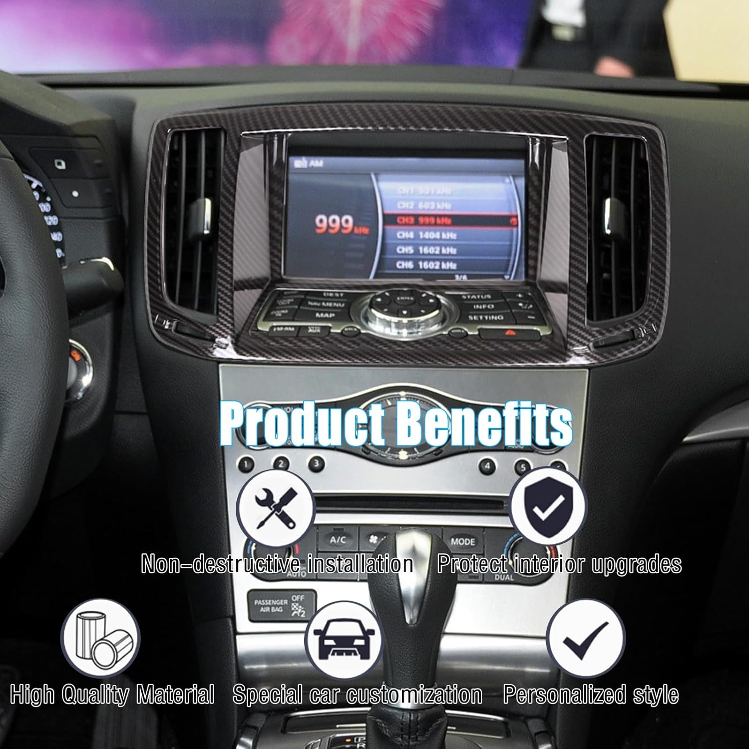 Car Center Console Air Outlet Navigation Panel Trim Cover Compatible with Infiniti G37 2007-2013, Dashboard Multimedia Navigation GPS Panel Trim Cover Accessories (Carbon Fiber Pattern)