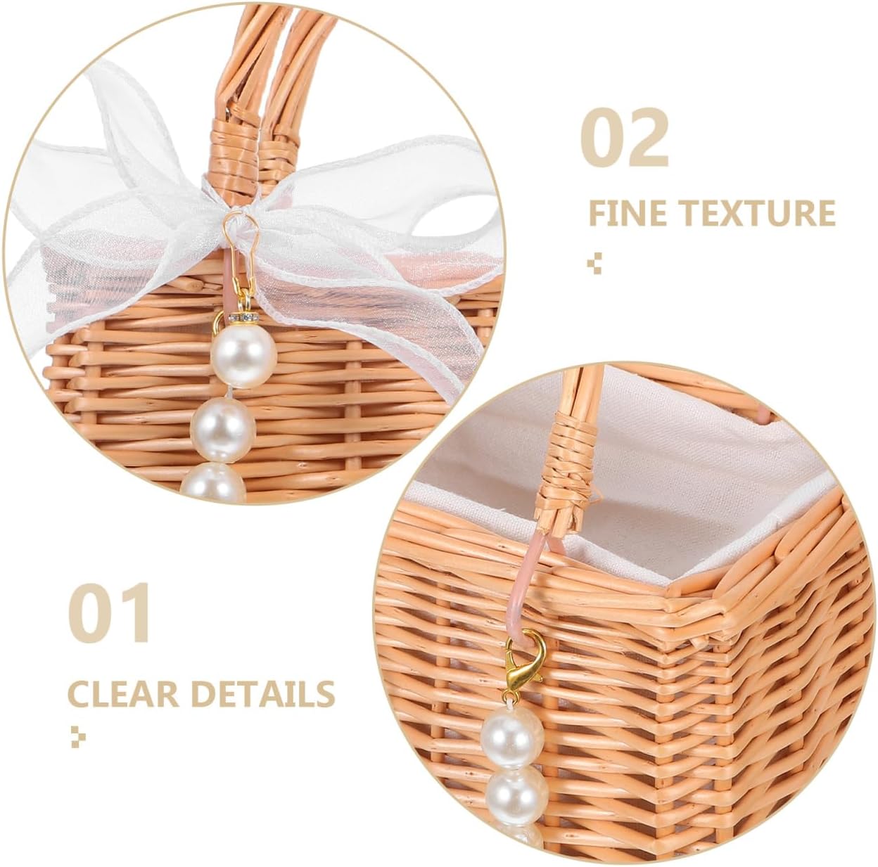 PRETYZOOM Flower Girl Basket with Ribbon Bow and Pearl Chain - Woven Small Handbag for Wedding Ceremony Party Decoration and Home Storage 9.84X9.05X5.11 Inches