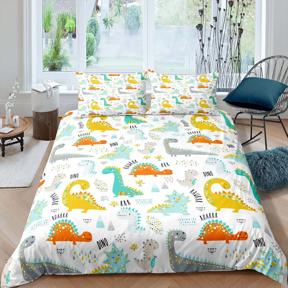 Homemissing Boys Multicoloured 31 Cartoon Dinosaur Duvet Cover Jungle Animals Bedding Set Cute 3D Dino Comforter Cover For Girls Child Teens Wildlife Bedding & Linen King Size Quilt Cover 3Pcs