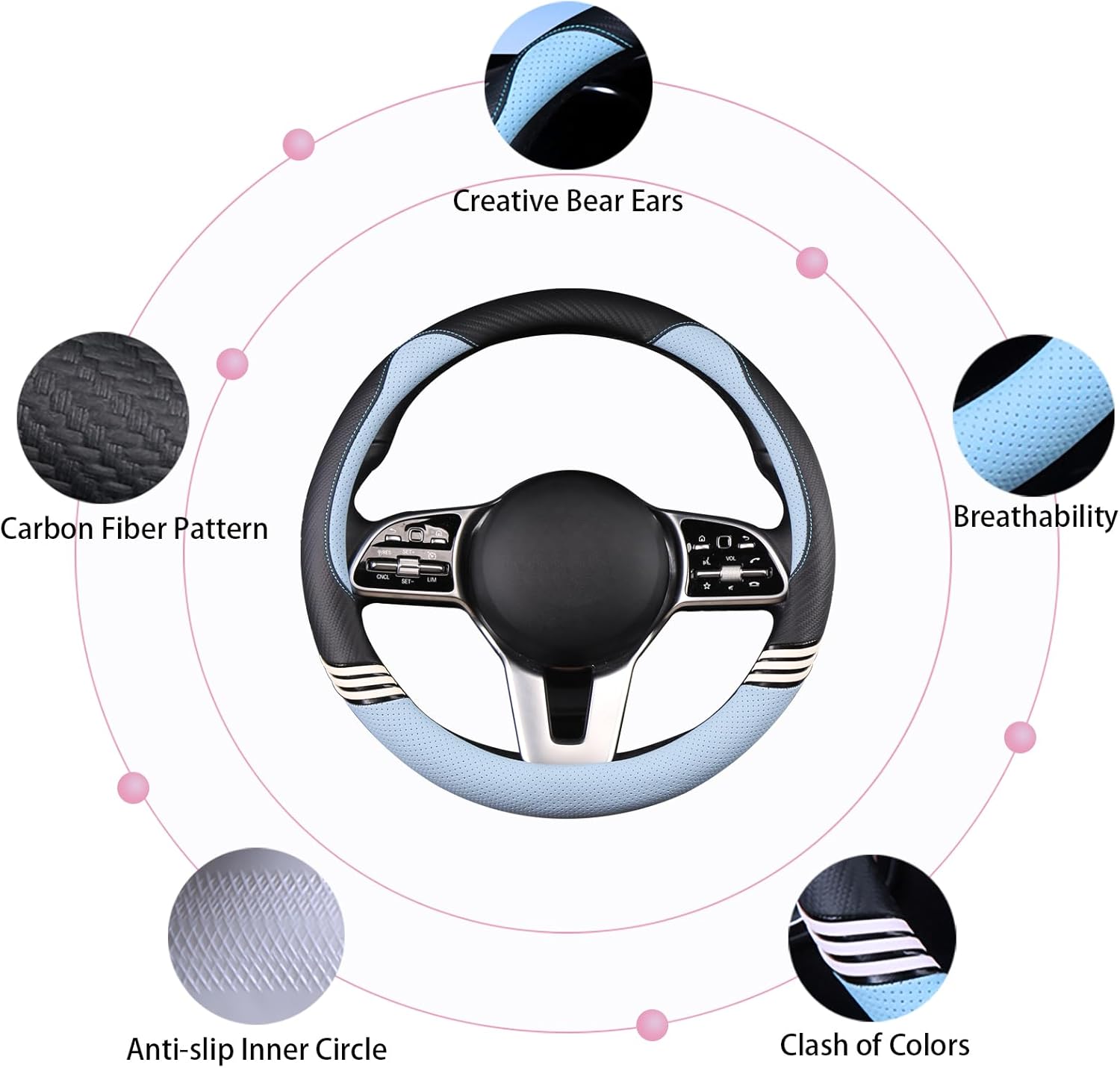 Cute Steering Wheel Cover for Women Men Leather Universal 15 inch,Black and Blue - Image 4