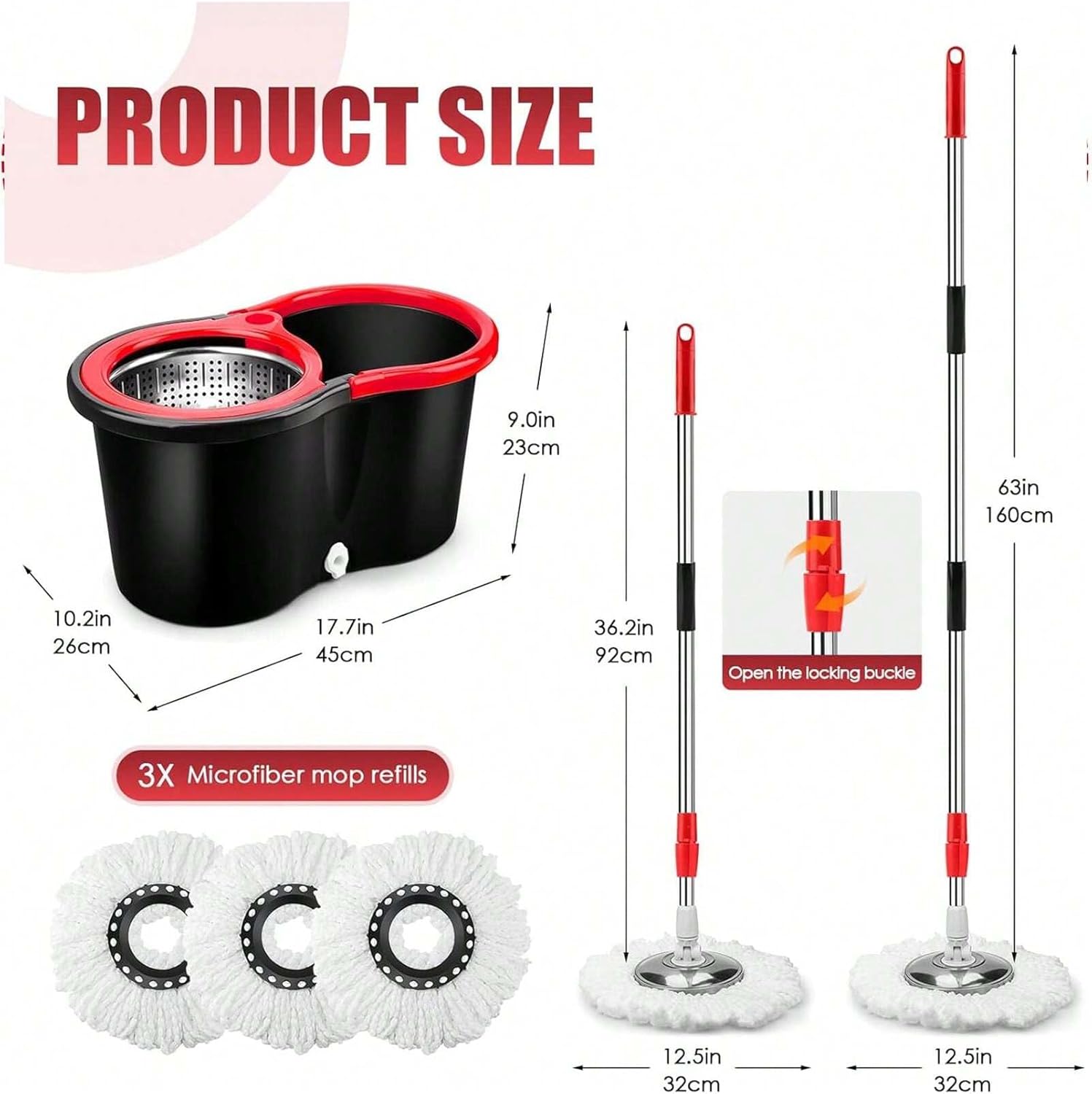 360° Spin Mop and Bucket Set with Wringer, Stainless Steel Handle, Microfiber Heads, Black & Red, for Home, Kitchen, and Bathroom (3 Mop)