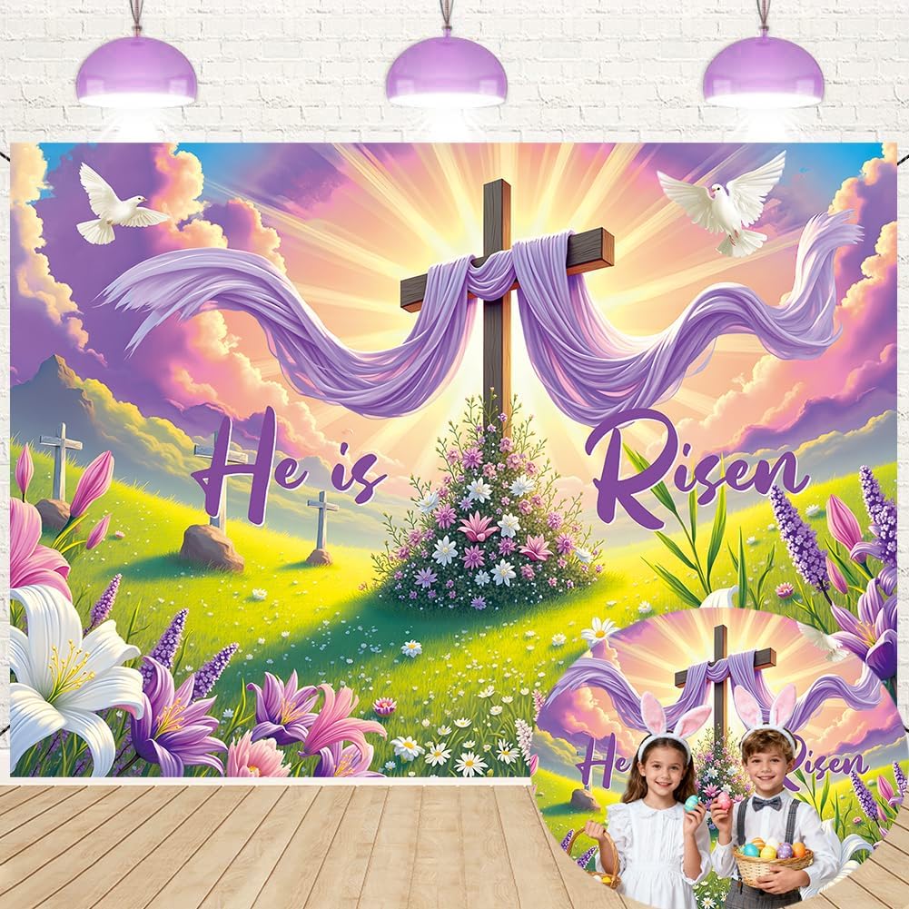 He is Risen Backdrop 6x4FT Easter Jesus Cross Banner Christian Cross Lily Jesus Resurrection Photography Background Religious Easter Party Decorations Photo Props for Home