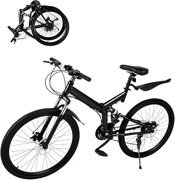 26 Inch Folding Mountain Bike, 21 Speed Adult Bicycle, High Carbon Steel Frame with Dual Disc Brakes, Oil Spring Fork & Adjustable Seat, All-Terrain Foldable MTB for Men Women Outdoor Riding