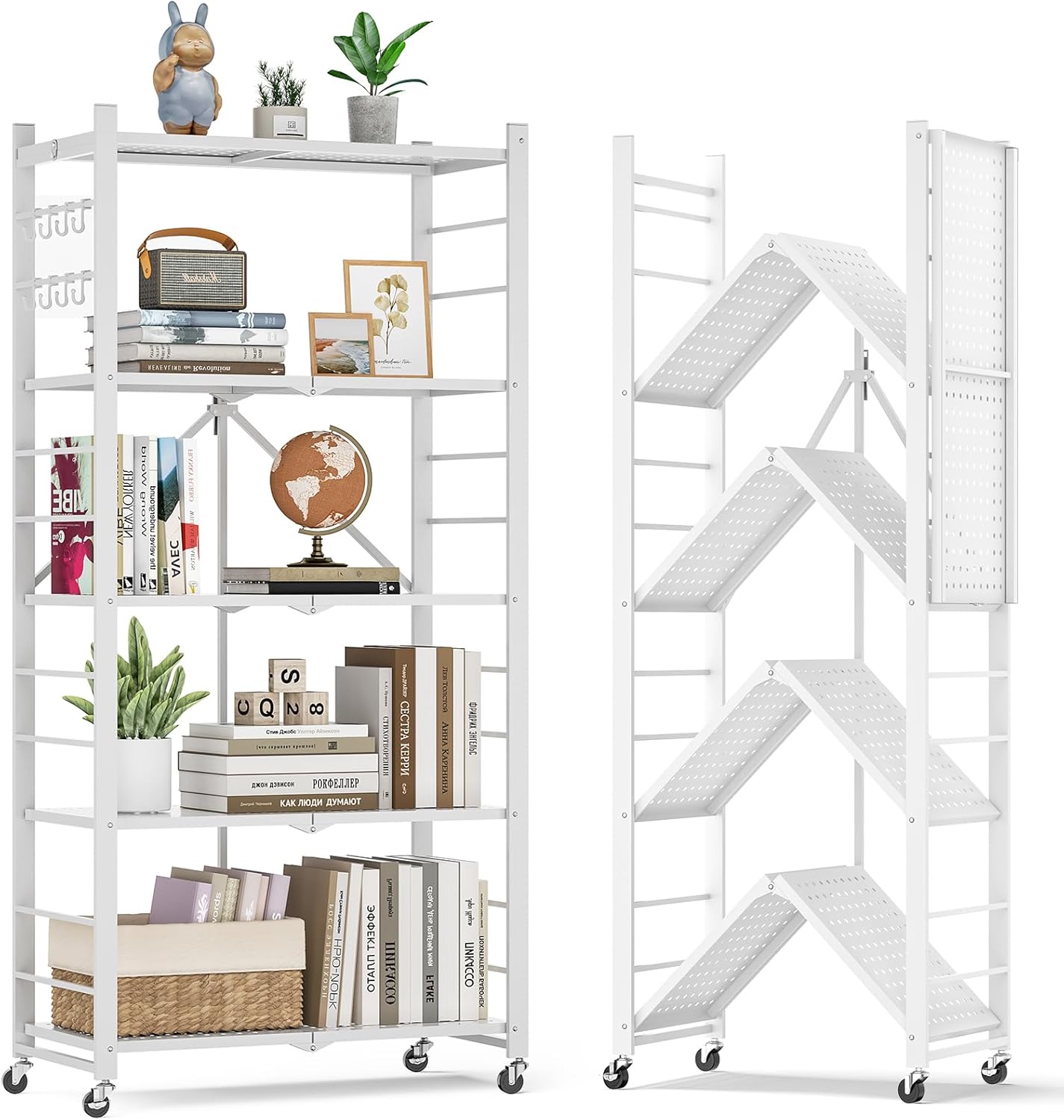 5-Tier Folding Metal Storage Shelf with Wheels & Hooks, Heavy Duty Utility Rack, No-Assembly Collapsible Organizer for Kitchen, Garage, Office, Living Room – 750 lbs Capacity, Black (White, 5-Tier)