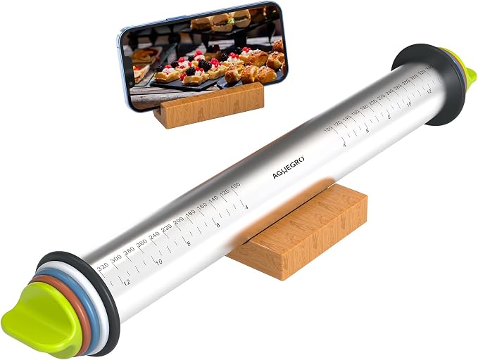 Stainless Steel Rolling Pin with Thickness Rings and Pastry Baking Mat for Baking, Fondant, Pizza, Pie, Cookies, Pastries, 13.6" Rolling Pin with 4 Multi-Color Thickness Rings and Wooden Stand