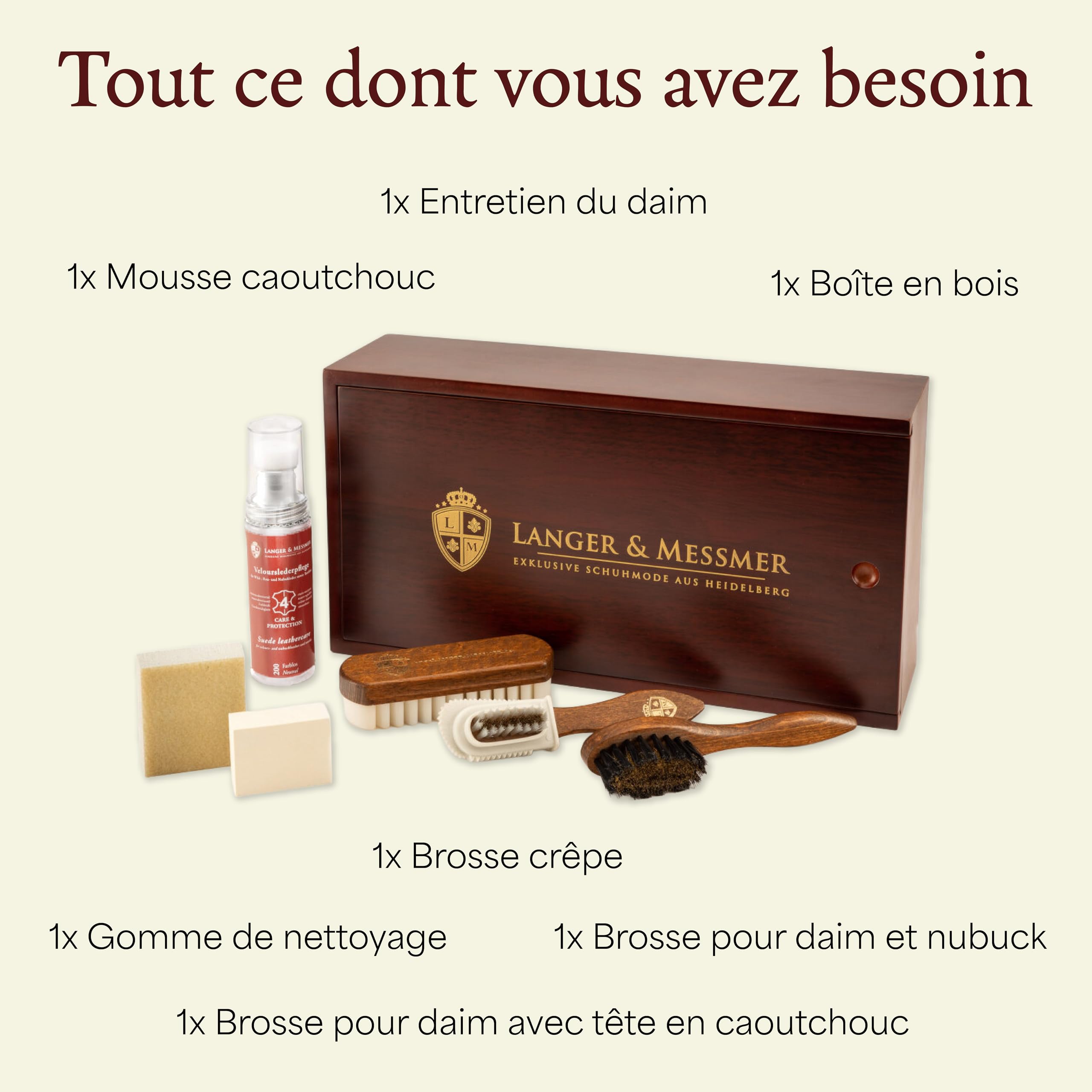 Langer & Messmer boîte à cirage de chaussures de qualité supérieure sans contenu ou avec kit d'entretien en plusieurs parties – Boîte à cirage en bois avec crèmes d'entretien pour cuir modèle Mannheim