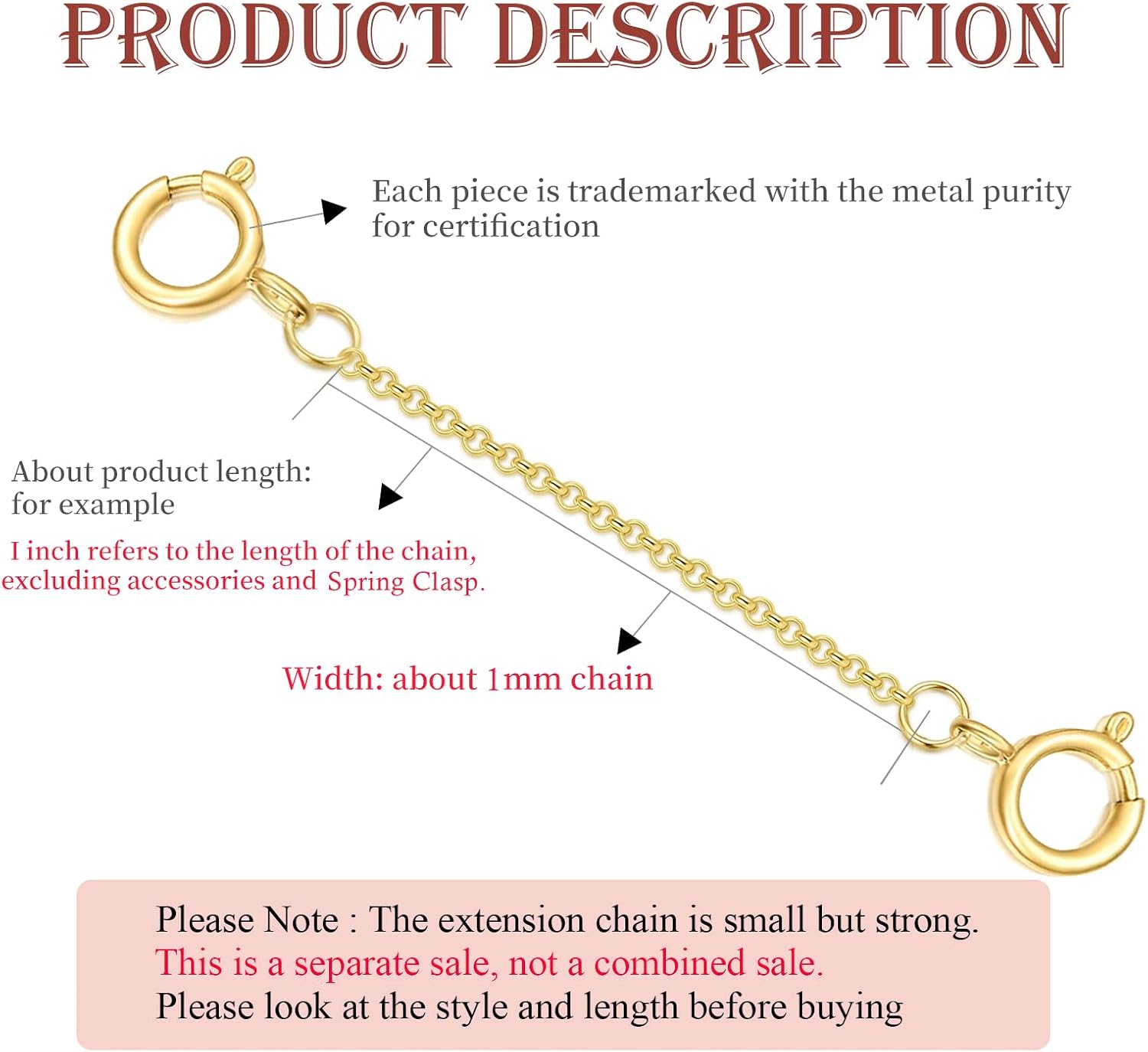 10K Yellow Gold Necklace Extender Chain 1"/2"/3"/4"/5" With Double Spring Clasp, Bracelet Anklet Extension Chain