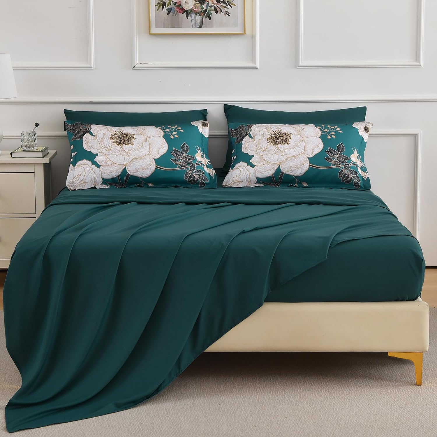 Luxudecor Teal Floral Queen Comforter Set 7 Pieces Bed in a Bag,Beige Flower Print on Teal Bedding Set,Soft Reversible Comforter with Sheets 90"x90"