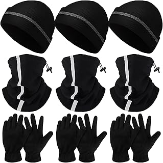 9 Pcs Winter Beanie Hat Scarf Glove Set Include 3 Pcs High Visibility Beanie Hats 3 Pcs Reflective Neck Gaiter 3 Pcs Gloves (Black)