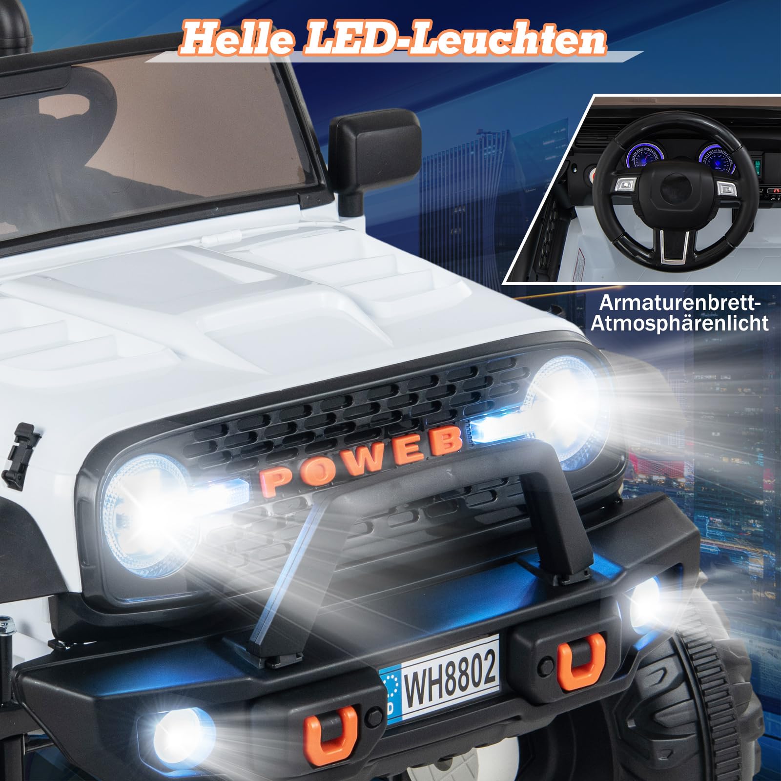 COSTWAY 2-Sitzer Elektroauto für Kinder, 24V Kinderfahrzeug mit Fernbedienung & Schaufel, Elektrofahrzeug mit Musik & Geschichten & USB & Hupe, Elektro Auto für Kinder ab 3 Jahren (Weiß)