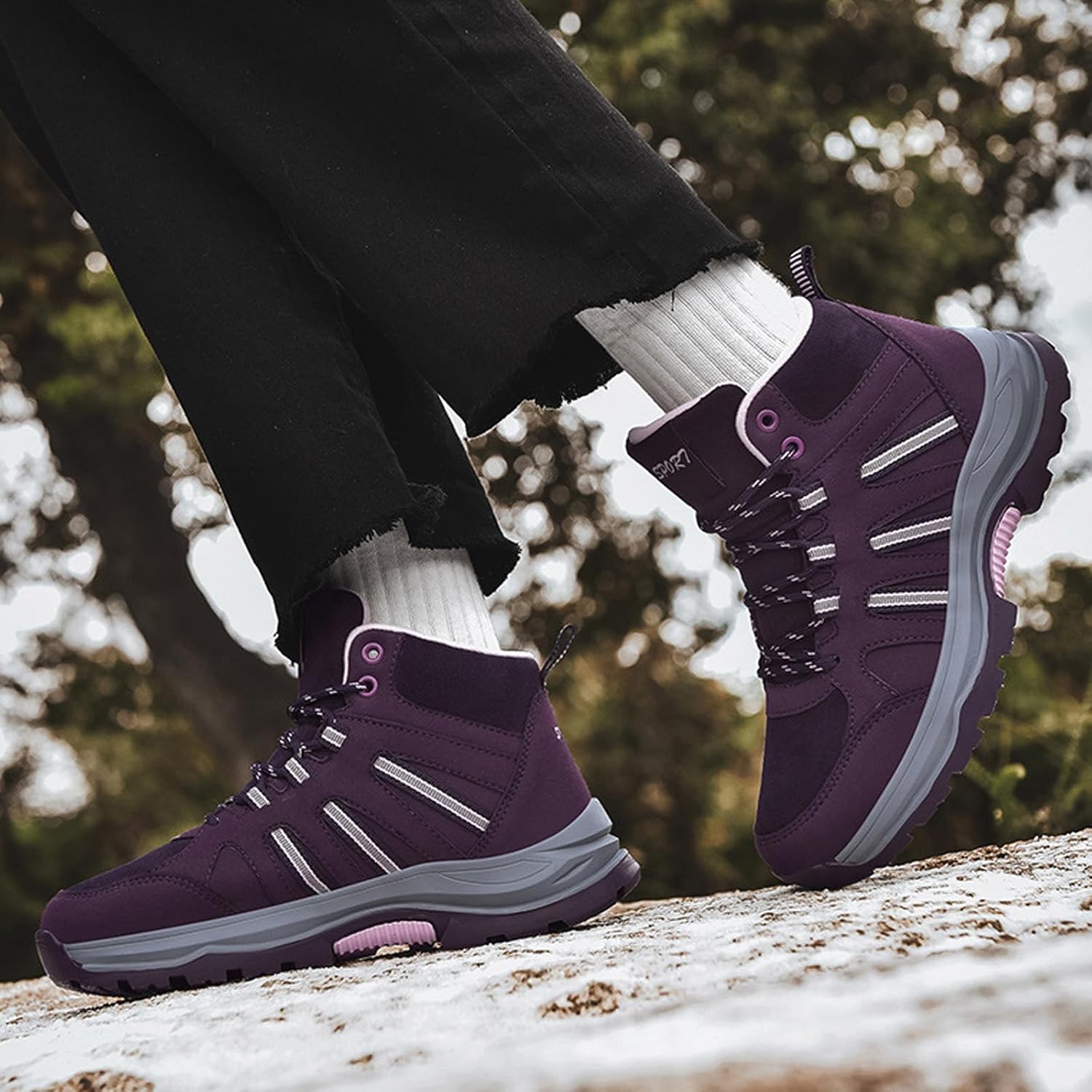 Women's Leather Warm Fur Lined Lug Sole Hiking Boots Lightweight Comfortable Anti-Slip Lace Up High Top Platform Soft Trekking Shoes Winter Casual Outdoor Walking Snow Ankle Boots
