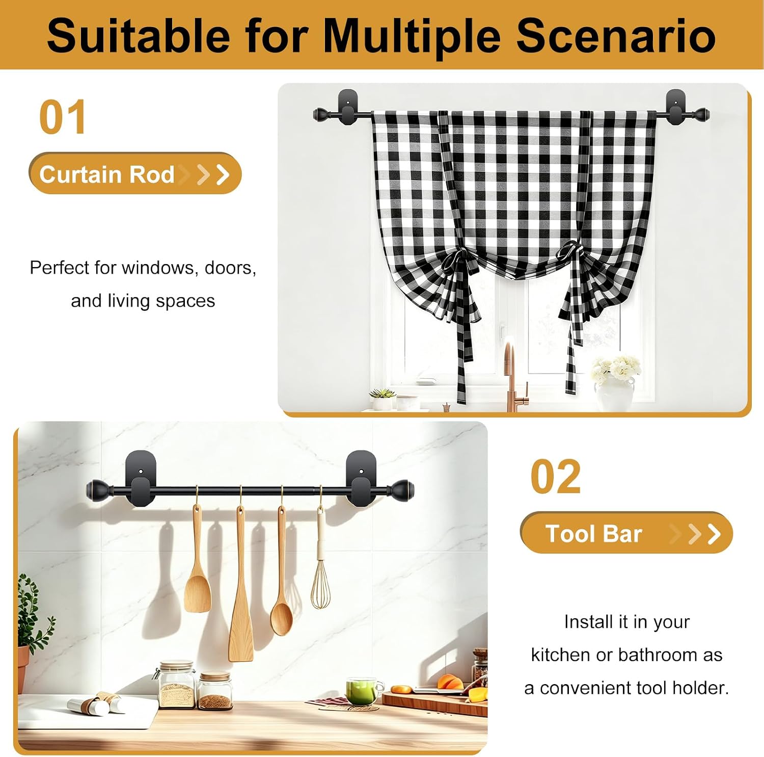 KAMANINA Curtain Rods No Drilling for Windows 32 to 86 Inches Black