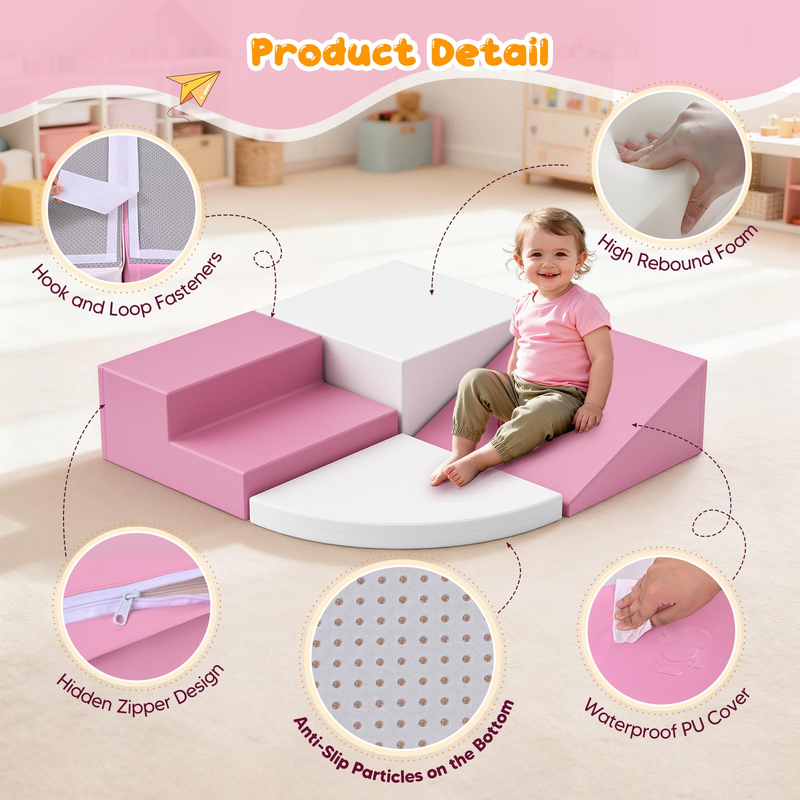 Lot de 4 blocs de construction en mousse pour enfants, grands blocs de construction souples pour grimper, ramper et jouer, escalader bébé à l'intérieur, antidérapants et stables (rose et blanc