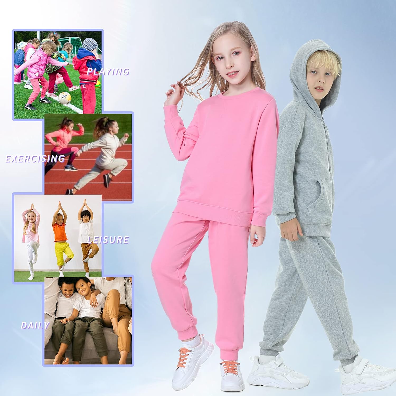 Kid Nation Kids Unisex Soft Brushed Fleece Crewneck Sweatshirt and Fleece Sweatpants Jogger Sets for Boys or Girls (Grey,8-10years)