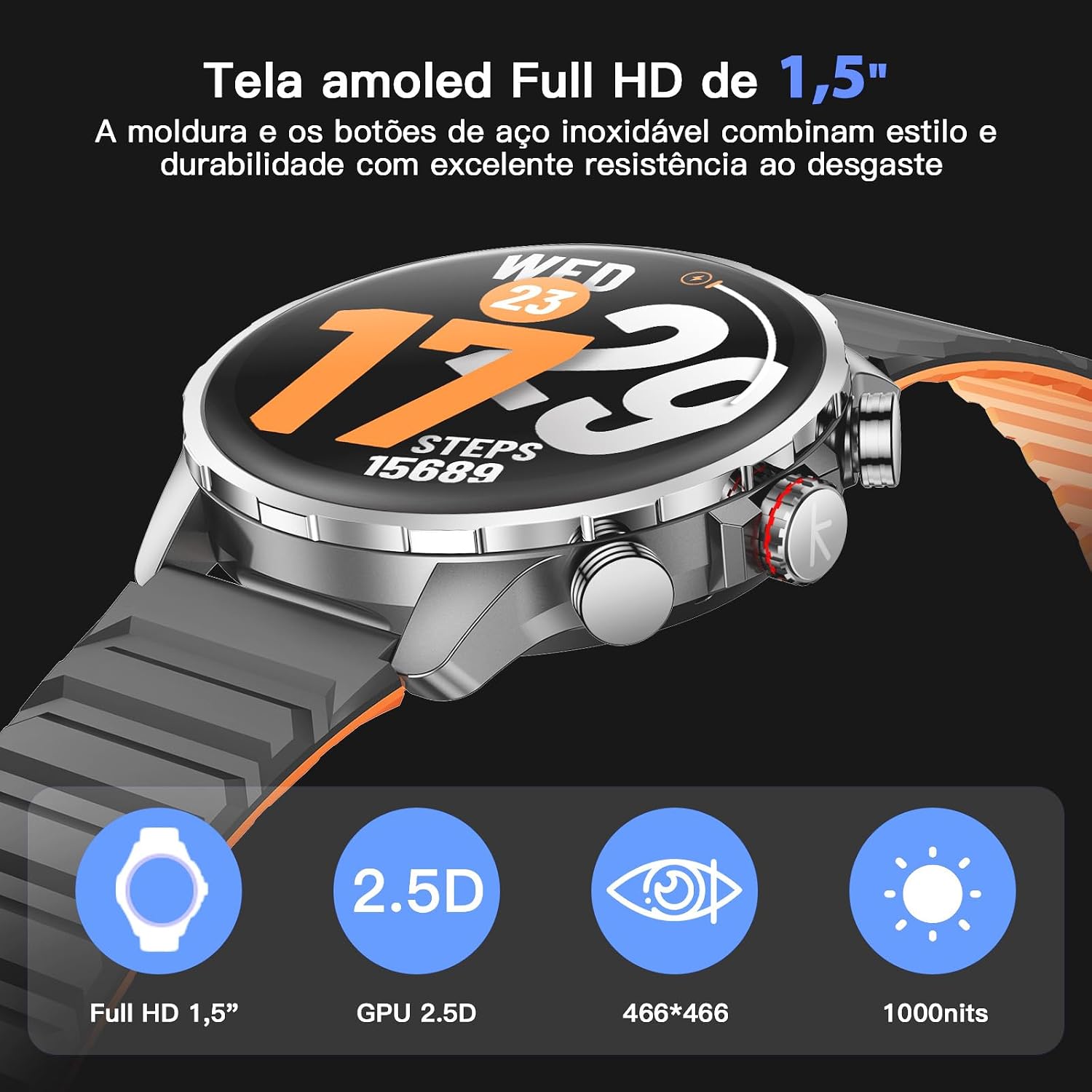 Relogio Smartwatch kieslect Kr 3 Smart Watch Preto 47 mm, AMOLED HD de 1,5"