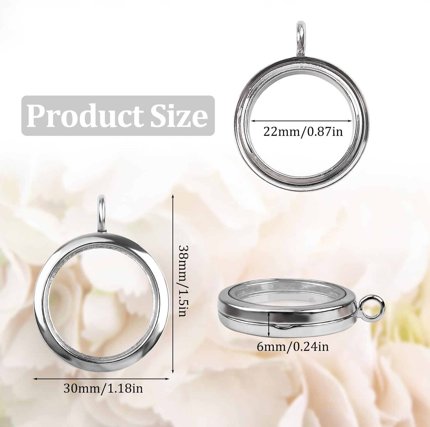 WANDIC Glossy Photo Charms, 4 Pieces Silver Round Memory Locket Pendant Bridal Wedding Bouquet Charms for Photo or Decoration, 30mm - Image 2