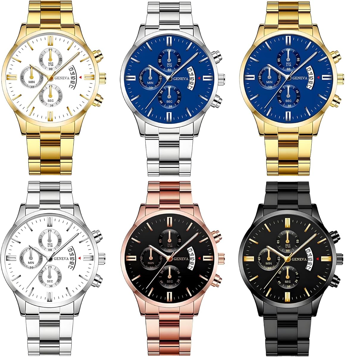 6 Pack Men's Watches Big Face Business Casual Dress Waterproof Military Geneva Wristwatches for Men Stainless Steel Band Gold Black Blue Silver Set Assorted Wholesales