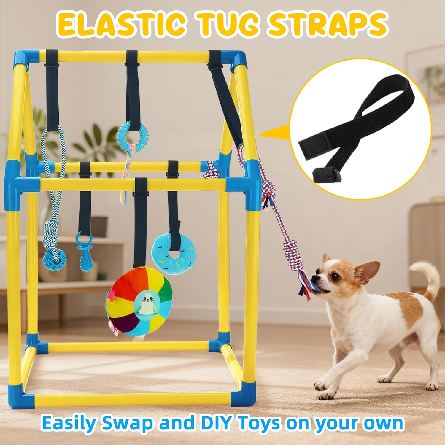 Puppy Play Gym with Hanging Toys, Dog Indoor Jungle Gym as Activities Center for Puppies, PVC Frame with 8 Enrichment Toys for Small Dogs Kitten and Other Pets
