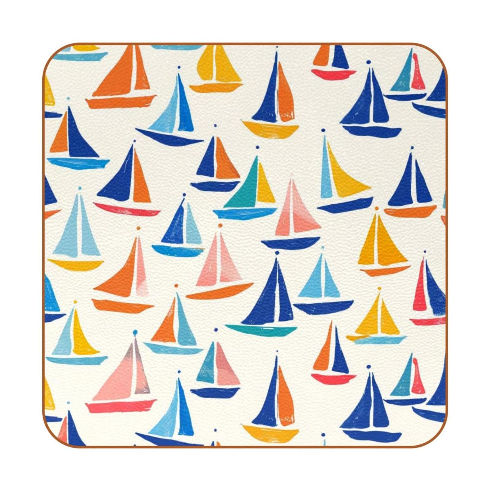 Dessous de verre carrés en cuir motif bateau pour tasses - Lot de 6