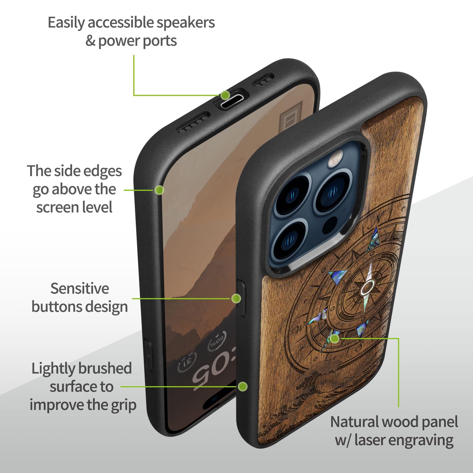 Carveit Designer Protective Case For IPhone 12 - Magnetic Cover With Wood Engraving & Shell Inlay - Compatible With IPhone 12 MagSafe - 6.1 Inch (Compass-Rosy - View #3
