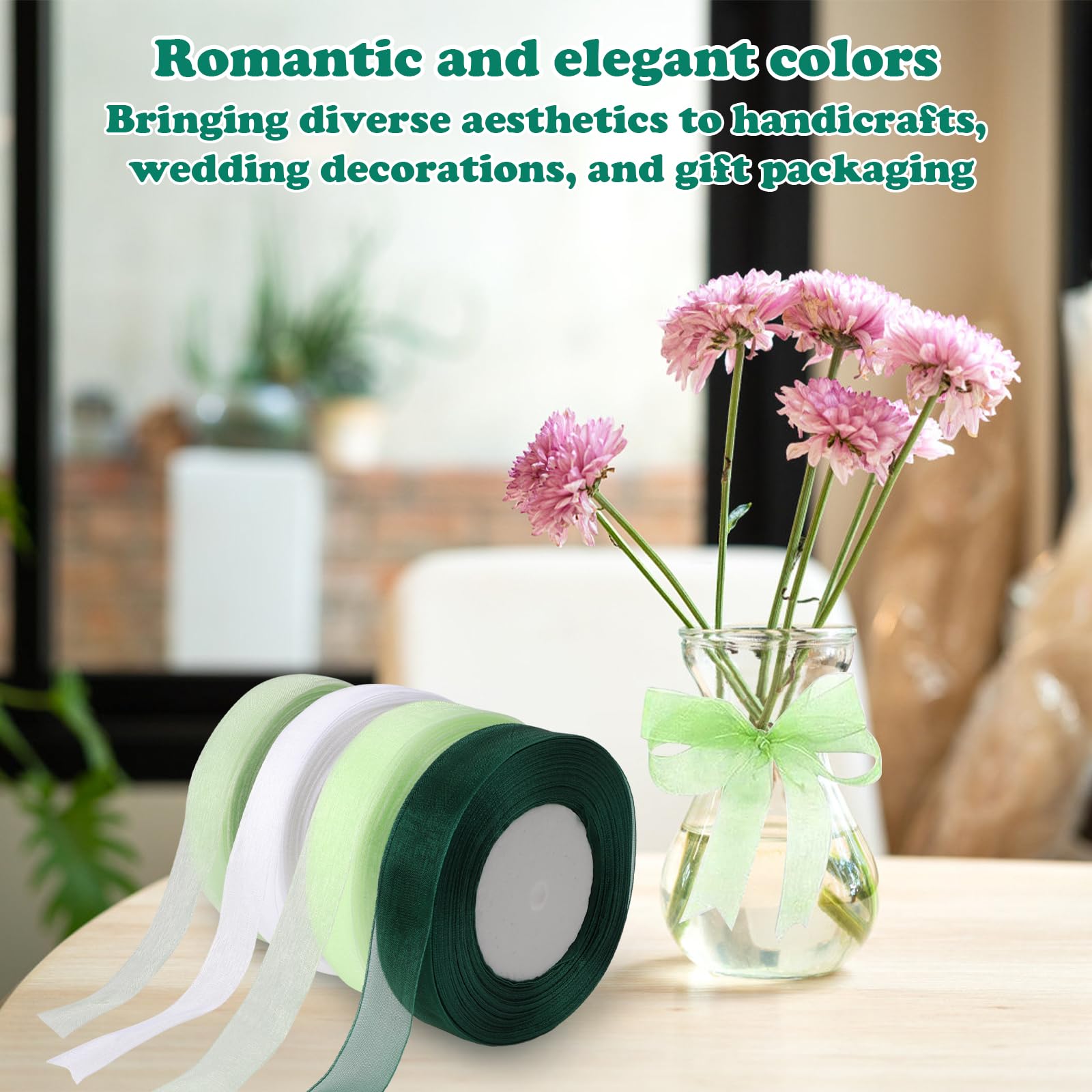 Nastro Organza 4 Rotoli - 20mm X 45m, Verde E Bianco Per Bomboniere E Regali - Foto 7