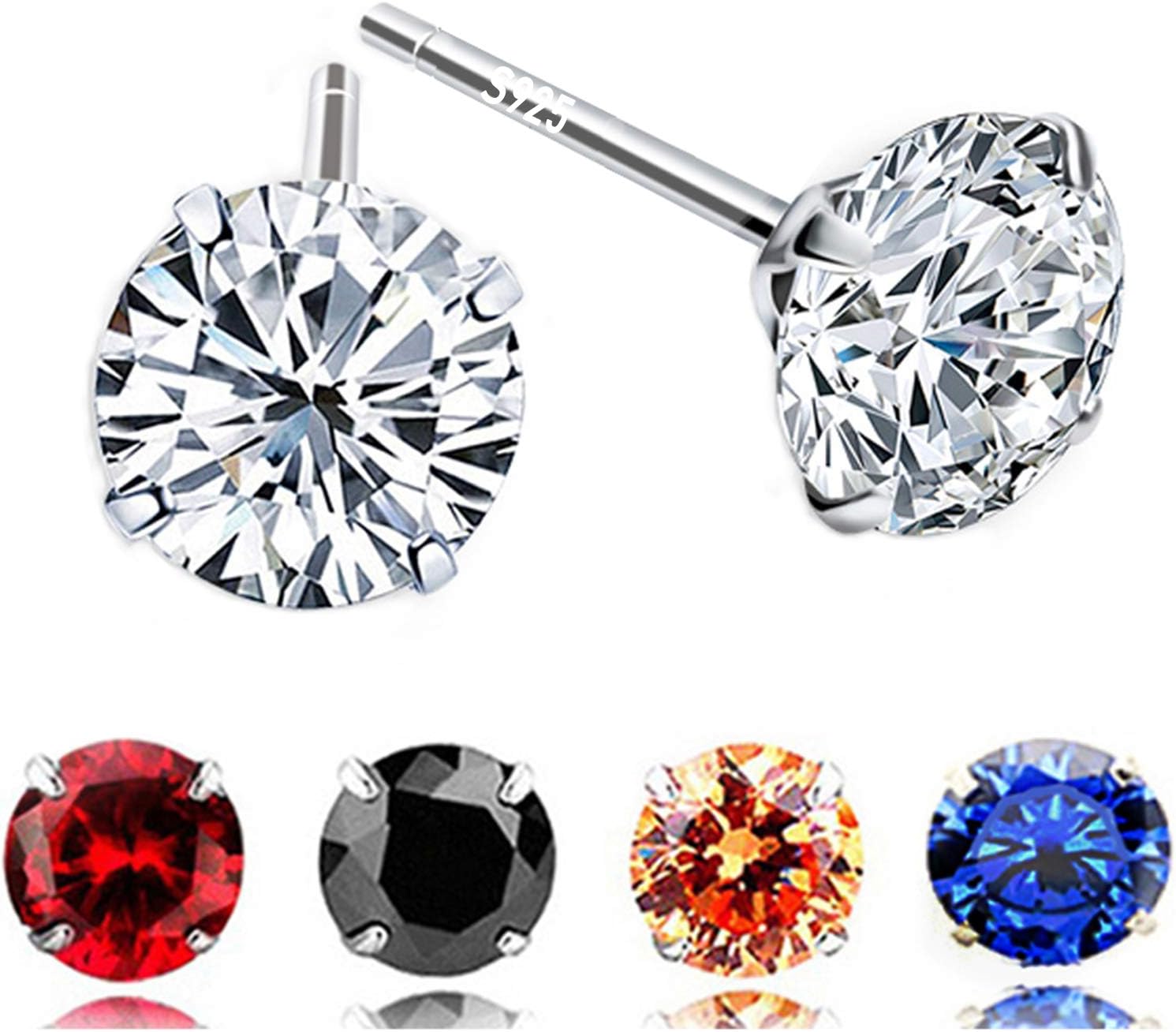 5 Pairs 925 Sterling Silver 6mm AAA CZ Cubic Zirconia Stud Earrings for Women Girls (Set of 5 Colors)