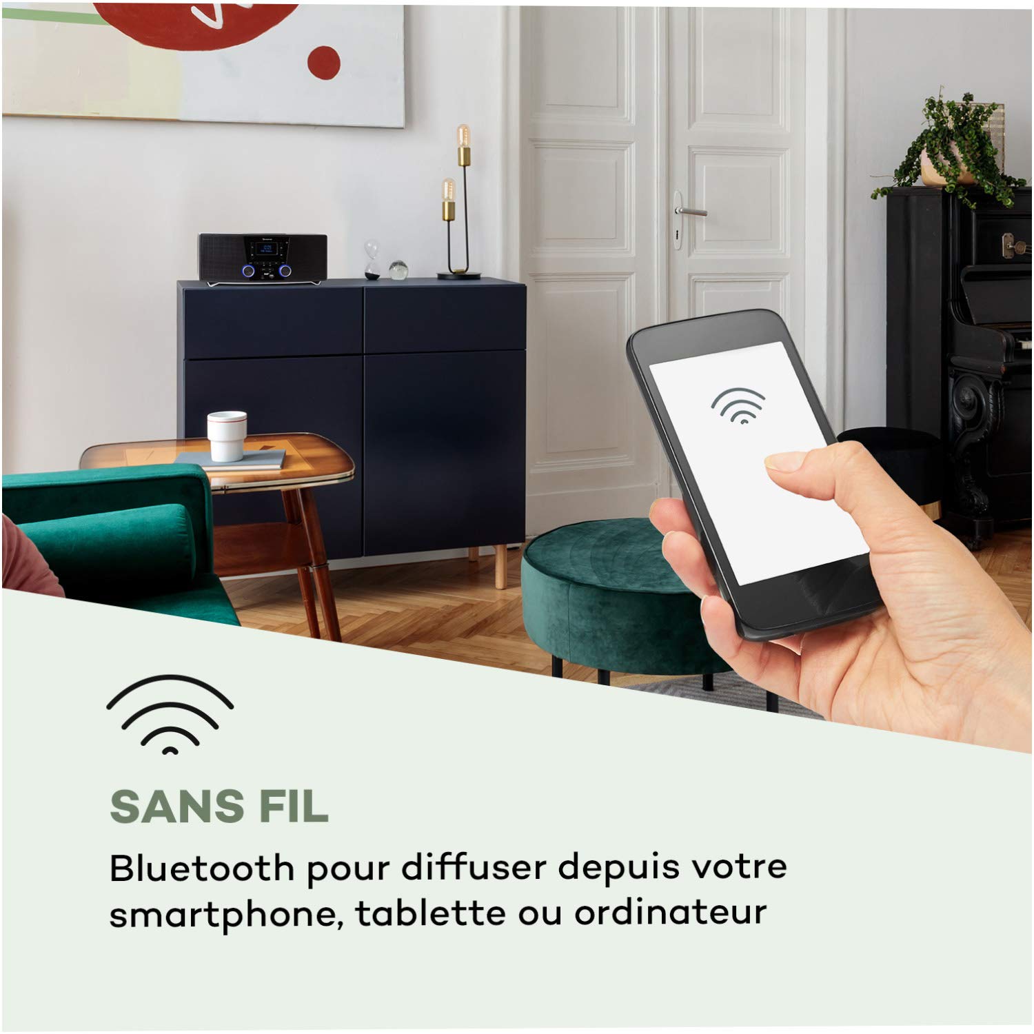 auna Stockton Micro chaîne stéréo - 20W Max. (2X 5W RMS), Dab+, Tuner Radio FM, Fonction RDS, Lecteur CD, Bluetooth, Port USB, AUX-in, écran OLED, X-Bass, EQ, minuterie, Fonction réveil, Noir