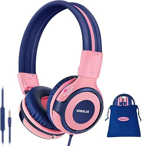 SIMOLIO Auriculares para niños con 75 dB, 85 dB, 94 dB de volumen limitado y compartido, auriculares para niñas con micrófono, auriculares duraderos