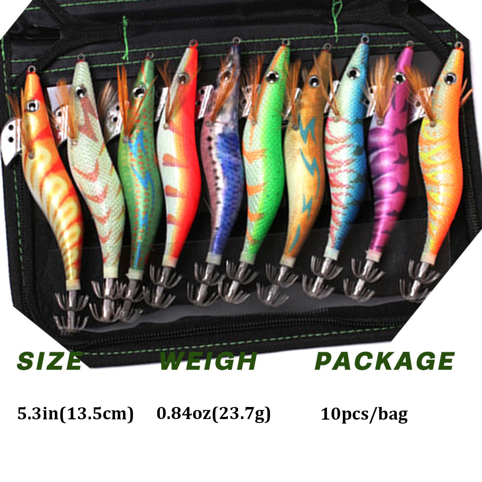 Fishing Lures Kit, 10 Pieces Saltwater Squid Bait Jigs with Shrimp Prawn Lures, Luminous (L)