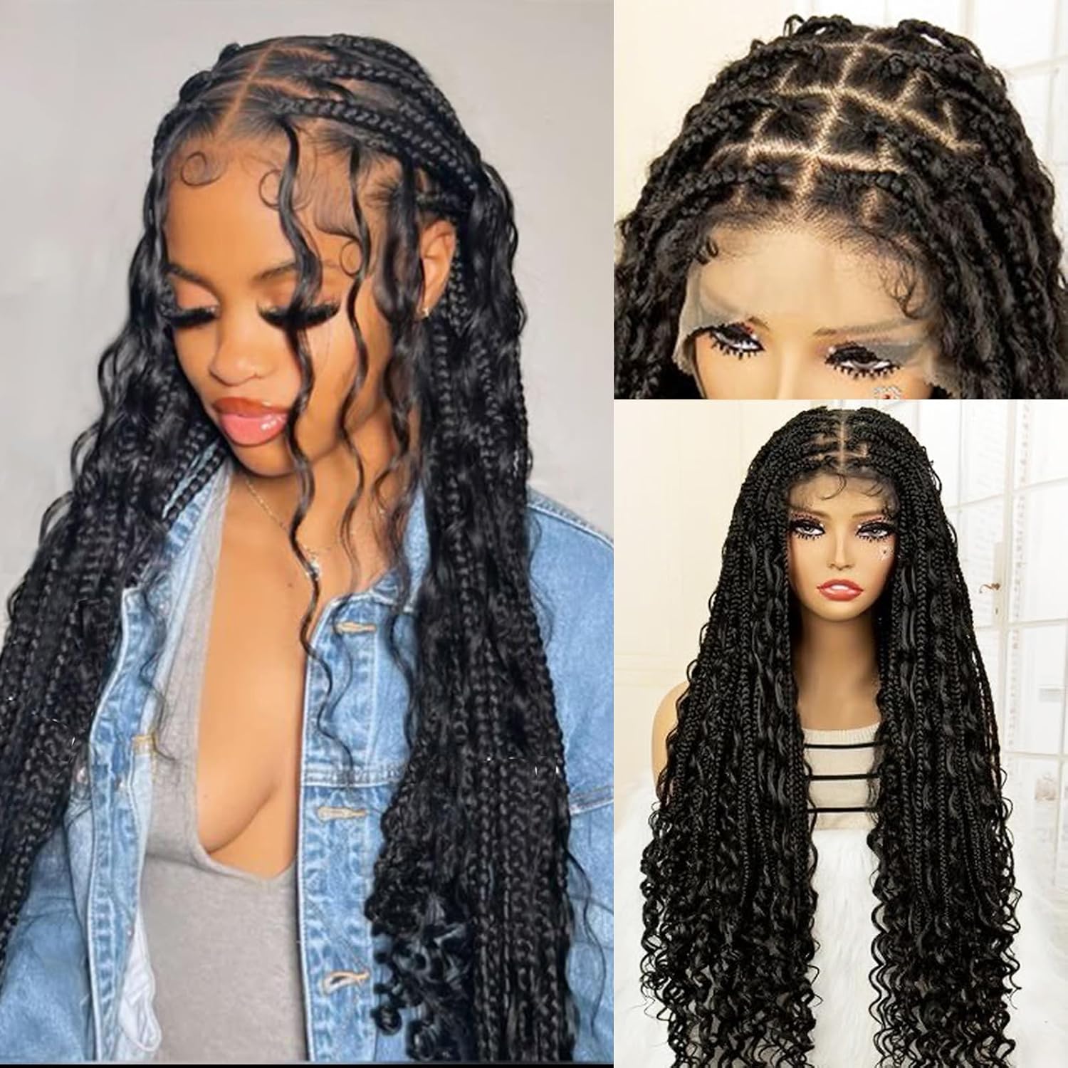 Full Lace Boho Braided Wigs for Black Women 28" Handmade HD Single-layer Square Knotless Box Full Lace Wig Human Hair Blended Bohemian Synthetic Braids Flexi-Fit Invisi Drawstring Cap Braiding Wig