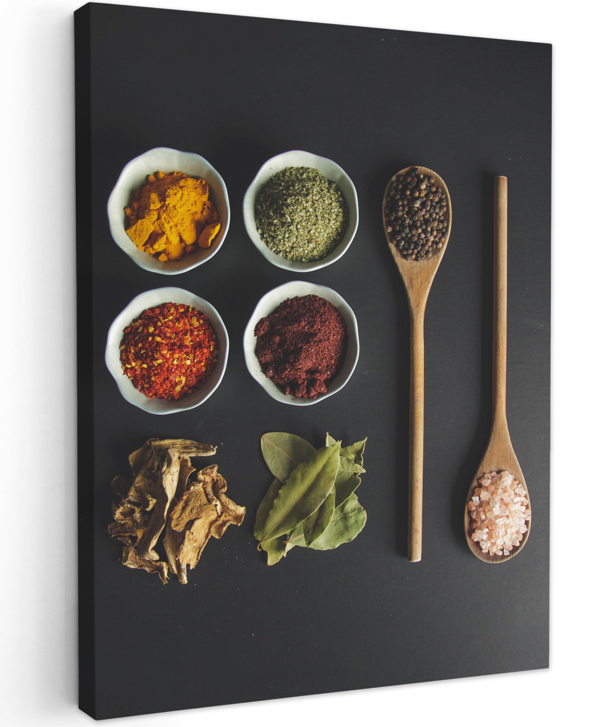 MuchoWow© Canvas Wall Art 20"x28" / 50x70 cm Decor Paintings Prints framed on Canvas Decorations Wallart Ladle - Spices - Herbs - Green - Brown - Rustic — image 1