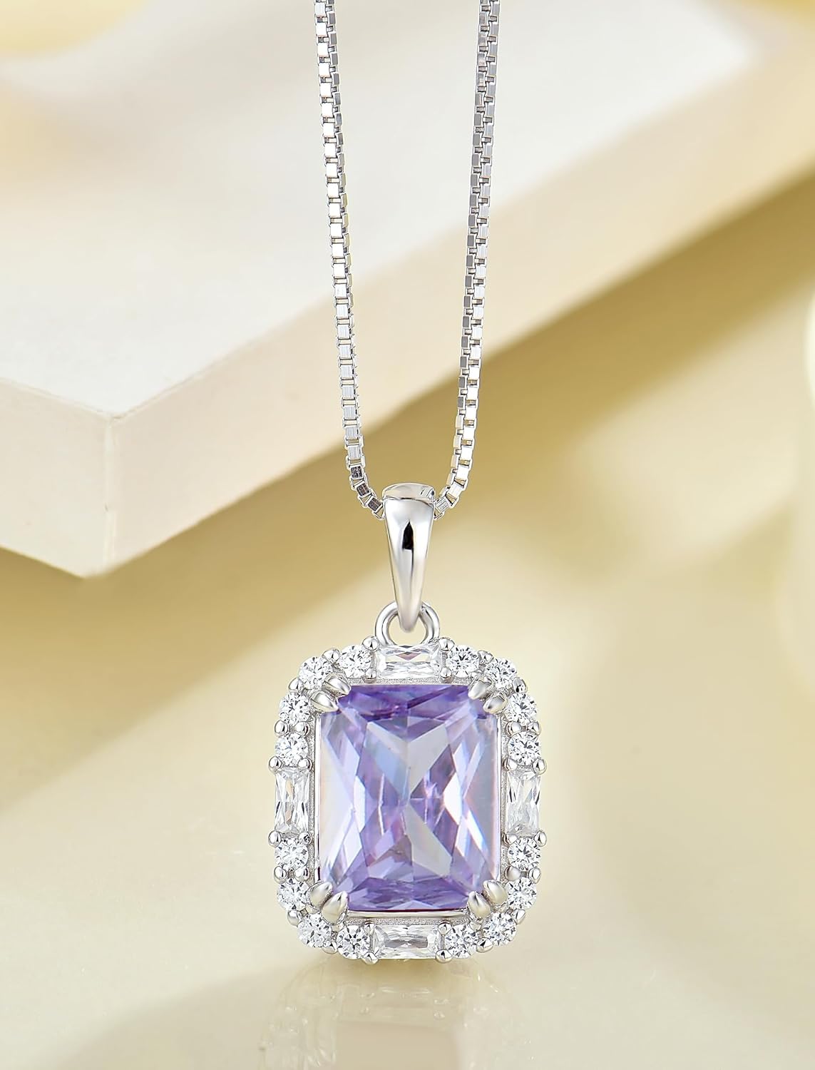 Princess Cut Necklaces for Women, 925 Sterling Silver Emerald Cut Birthstone Pendant Necklace Halo Square Rectangle Jewelry Gifts for Her - Image 4