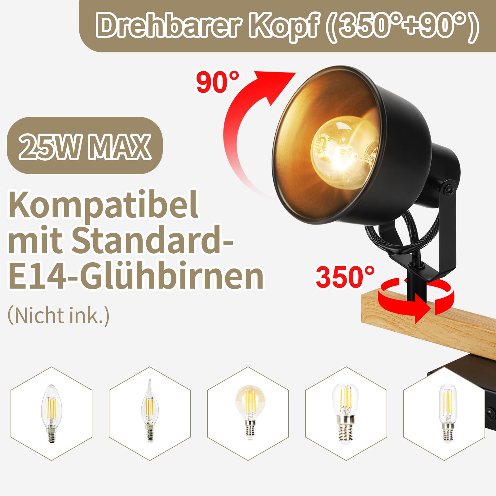 Deckenstrahler 4 Flammig Schwarz E14 Fassung 25W Industrial Holzmaserung Schwenkbar 350°